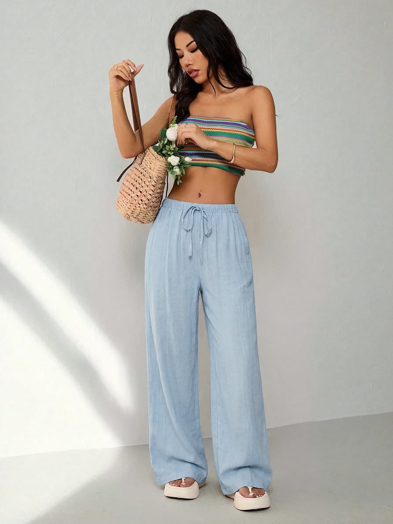 SHEIN PETITE Casual Loose Versatile Solid Color Long Pants ,Petite Women
