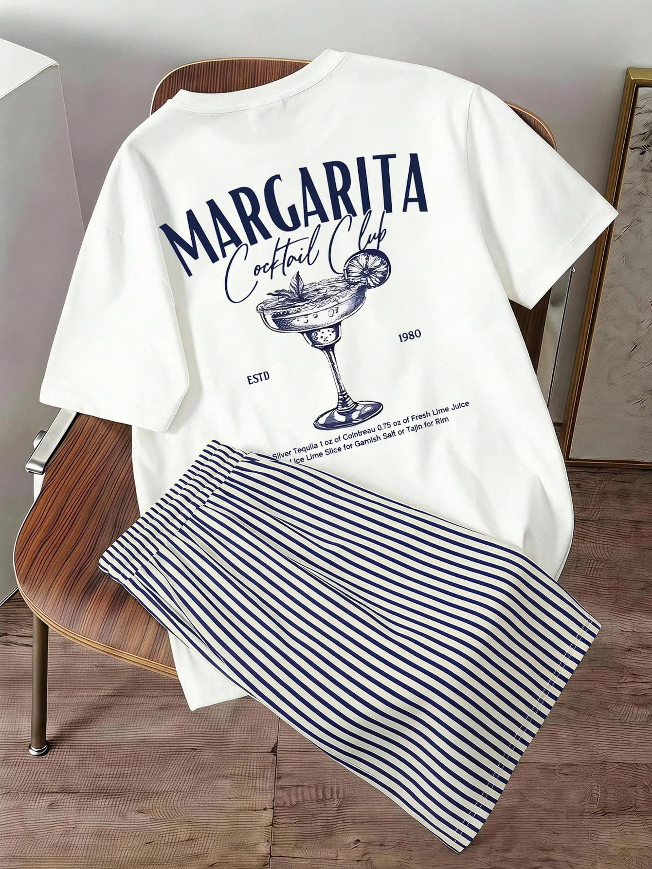 Manfinity Joysei Men's T-Shirt Set,White,Navy And White American Vintage Margarita Print T-Shirt & Striped Shorts,Summer,Casual,Vacation Outfit For Daily Beach Wear