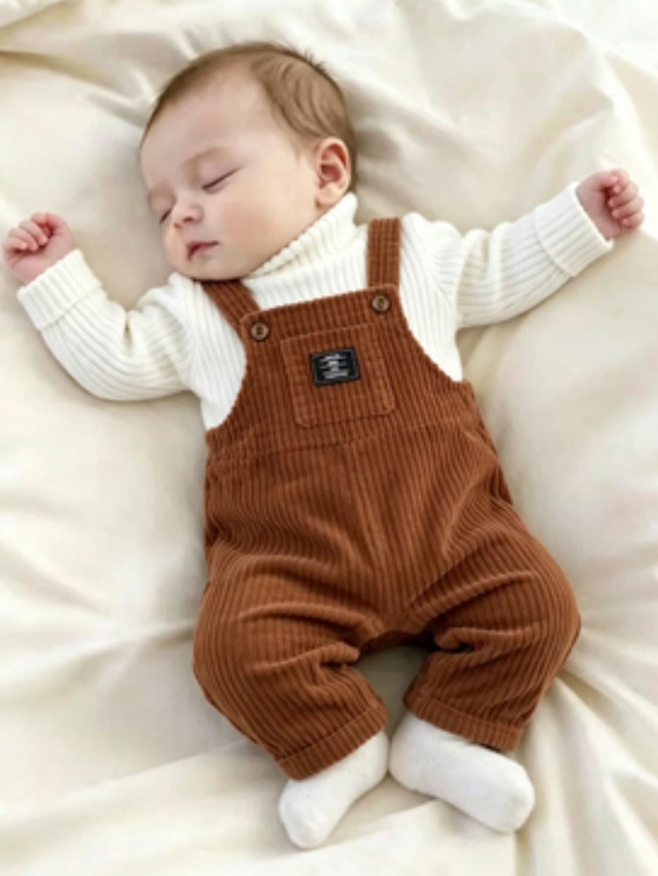 SHEIN Playful Pals Baby Boys 0-3 Years Old Spring/Autumn Khaki Corduroy Jumpsuit With Letter Patchwork, Suitable For Little Boys Daily Casual Comfortable Wear, Outdoor Outings, Shopping, Birthday Party, Fashionable Versatile Cute Vintage Style