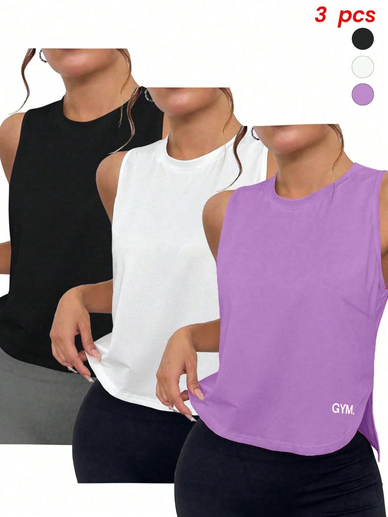SHEIN Velisys 3pcs Casual Versatile Plus Size Sleeveless Front Letter Print Side Slit Design Sports Tank Top Set
