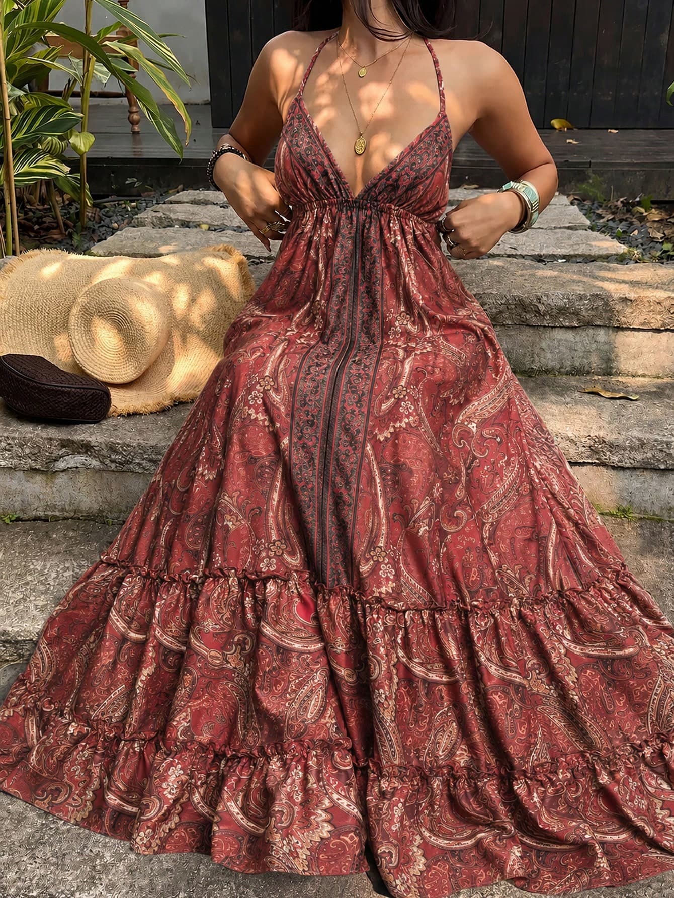 Sunnyshic Women's Spring/Summer Casual Vacation Fashion Street Daily Versatile Bohemian Paisley Print Backless Halter Tie Bow Long Dress