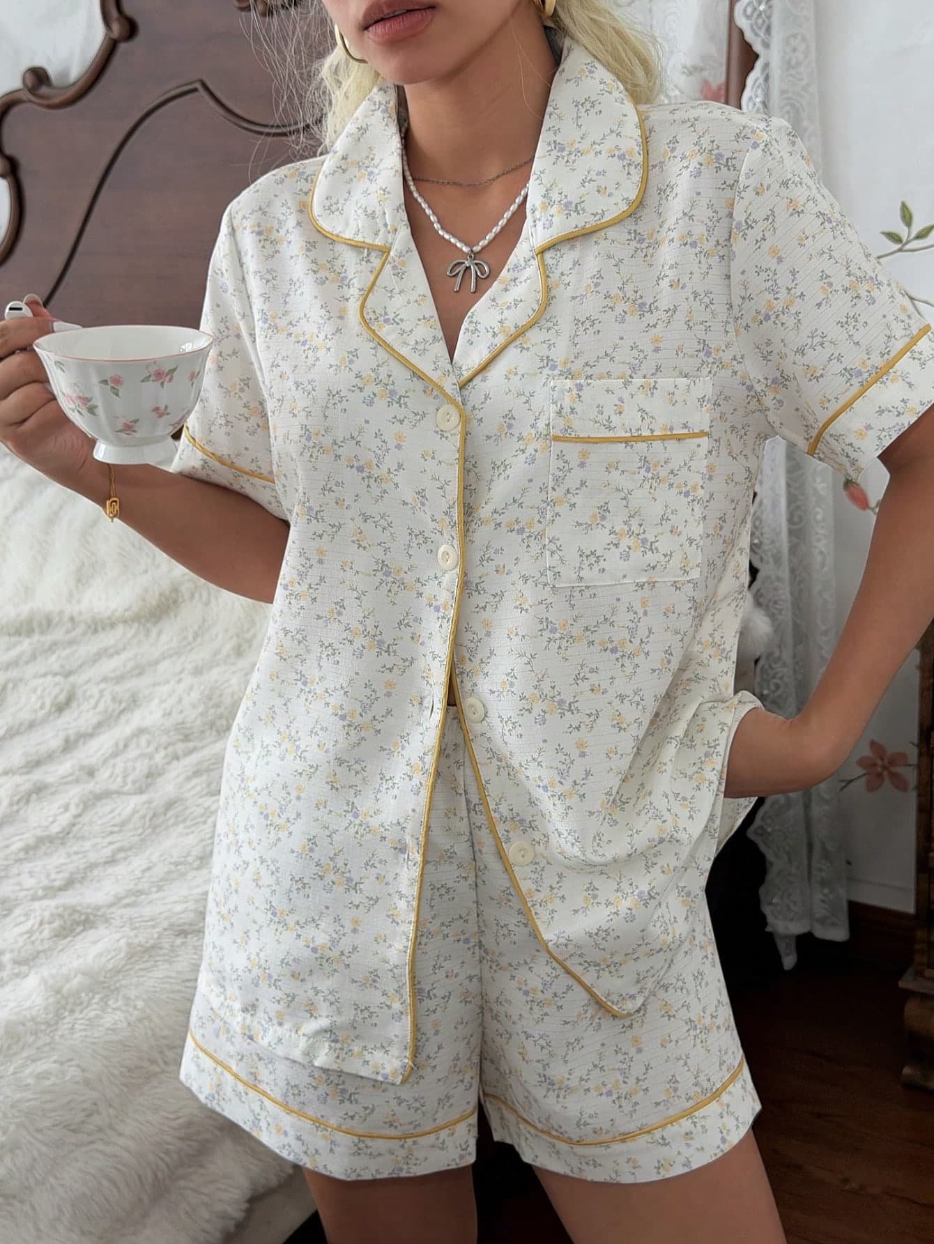 CottageSlumber Romantic Ditsy Floral Lapel Short Sleeve Shorts Pajama Set