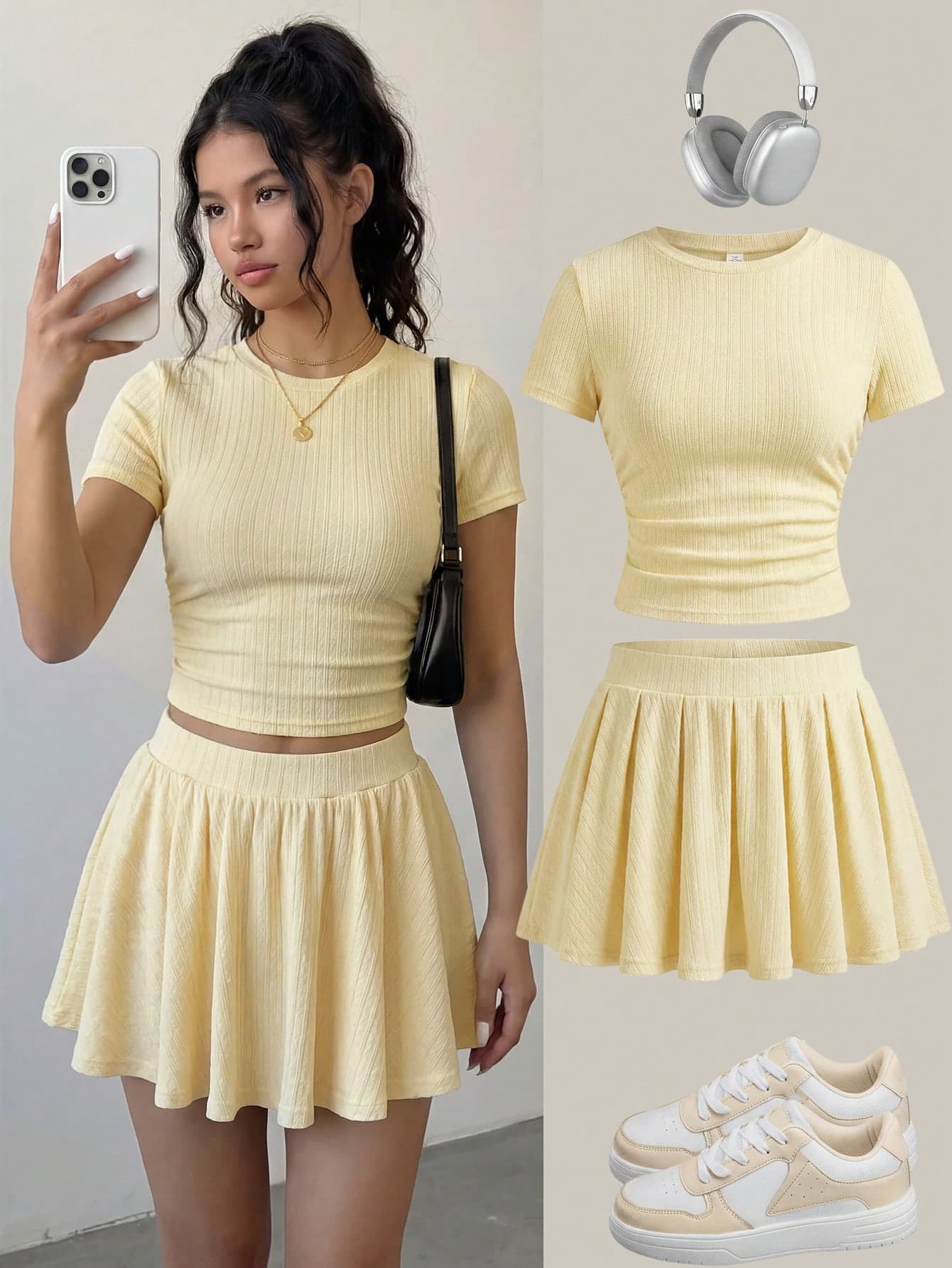 SHEIN Girlism Kids Teen Girls Summer Slim Fit T-Shirt And Skirt 2-Piece Set, New Yellow Solid Color Short Sleeve Casual Birthday Primary School