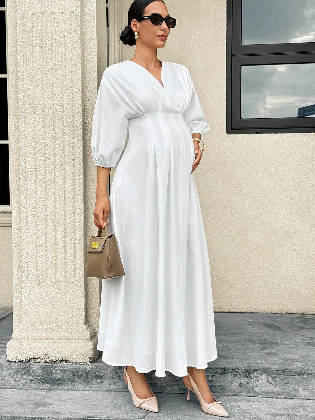 MaterniWear Maternity Elegant White Dress For Work Baby Shower Photoshoot Solid Color V-Neck Short Sleeve Summer Wedding
