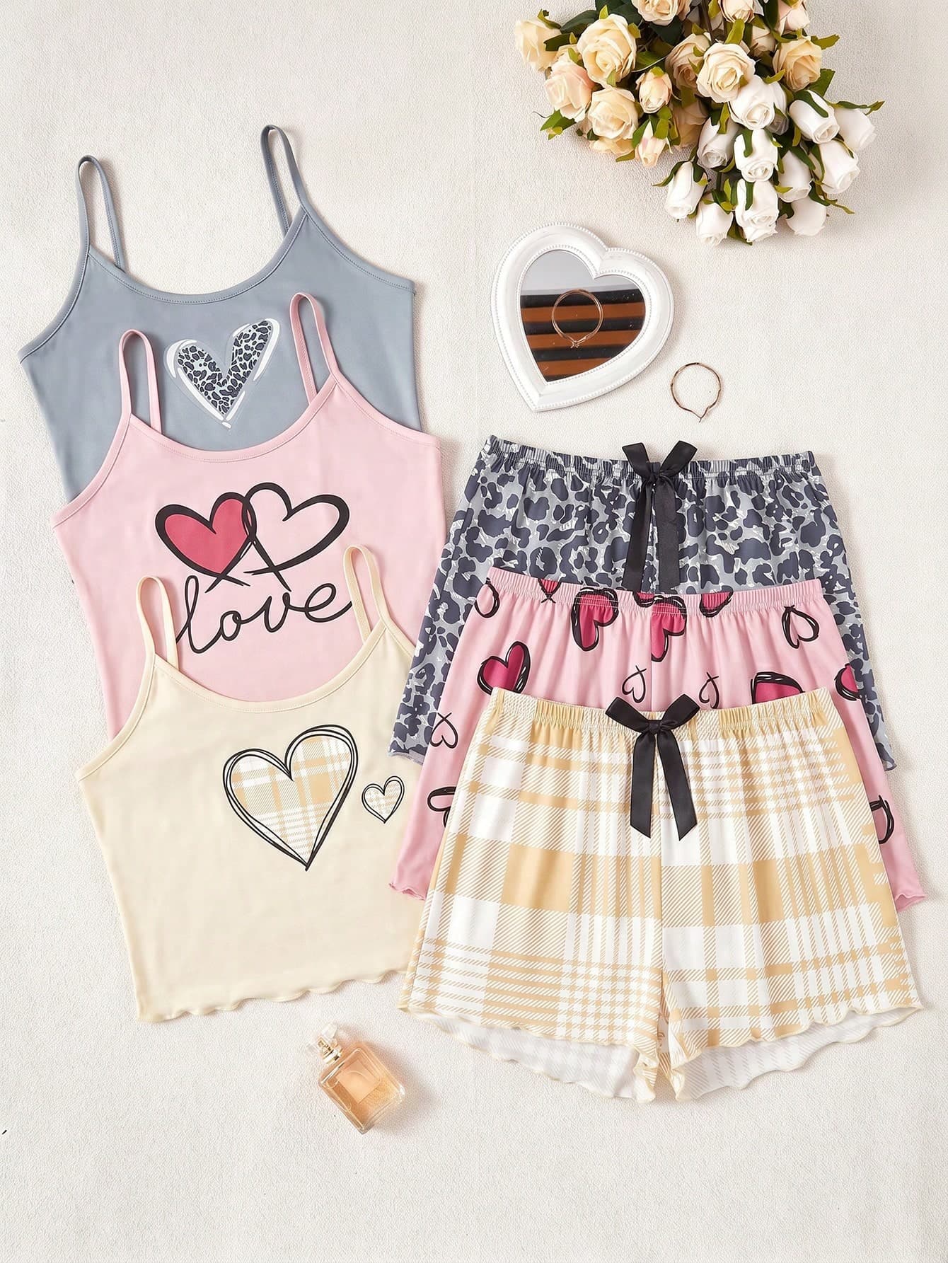SHEIN Cartoon Print Camisole & Shorts Pajama 3-Piece Set