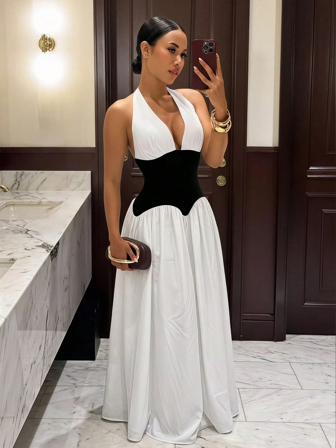 Slaydiva Black And White Color-Blocked Backless Belted Maxi Dress, A Sleeveless Formal Gown, Perfect For Parties And Weddings-A
