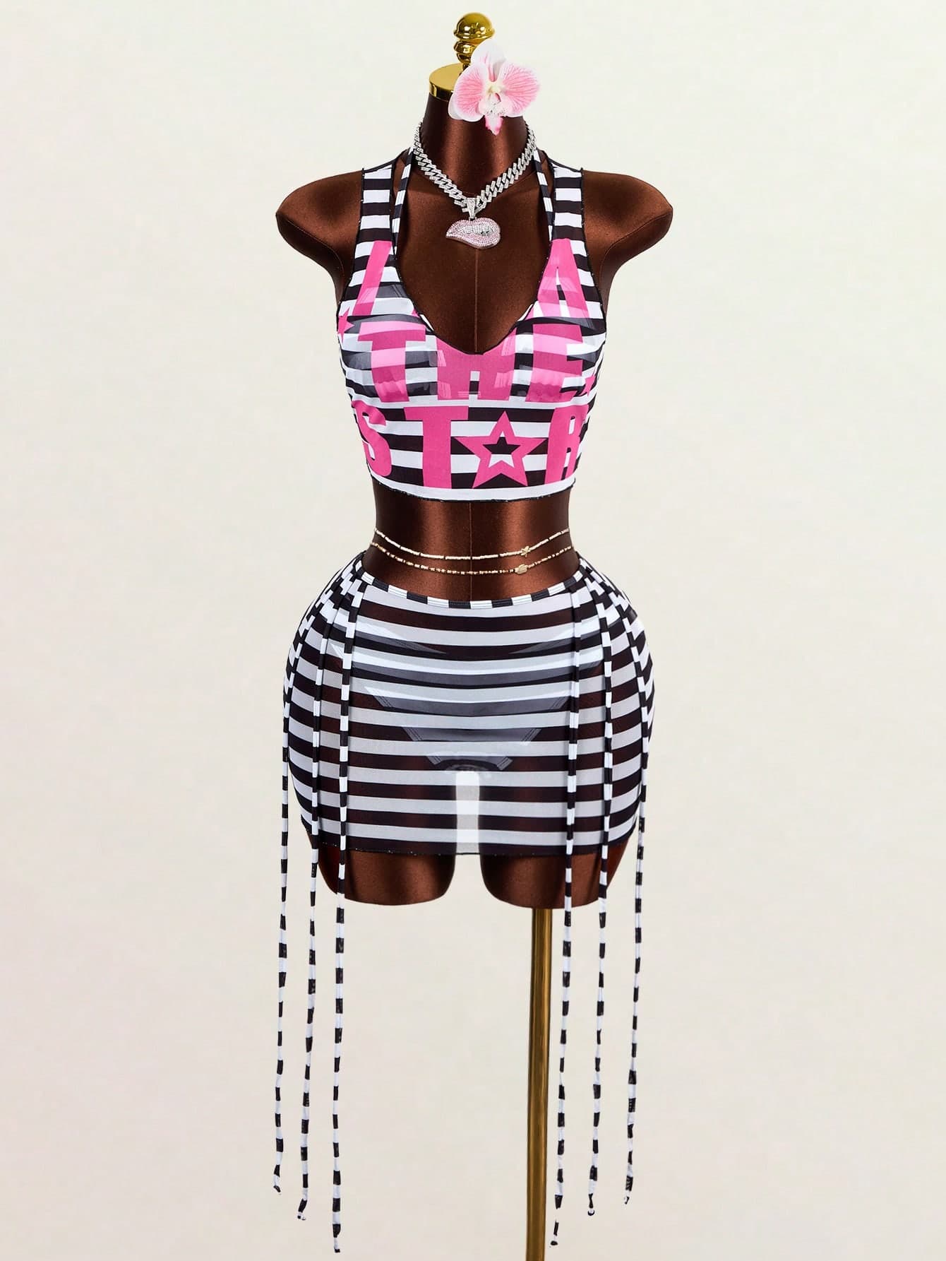 Zestiva Summer Beach Black And White Polka Dot Letter 4-Piece Set Women's Tank Top Camisole Bikini Set Sexy