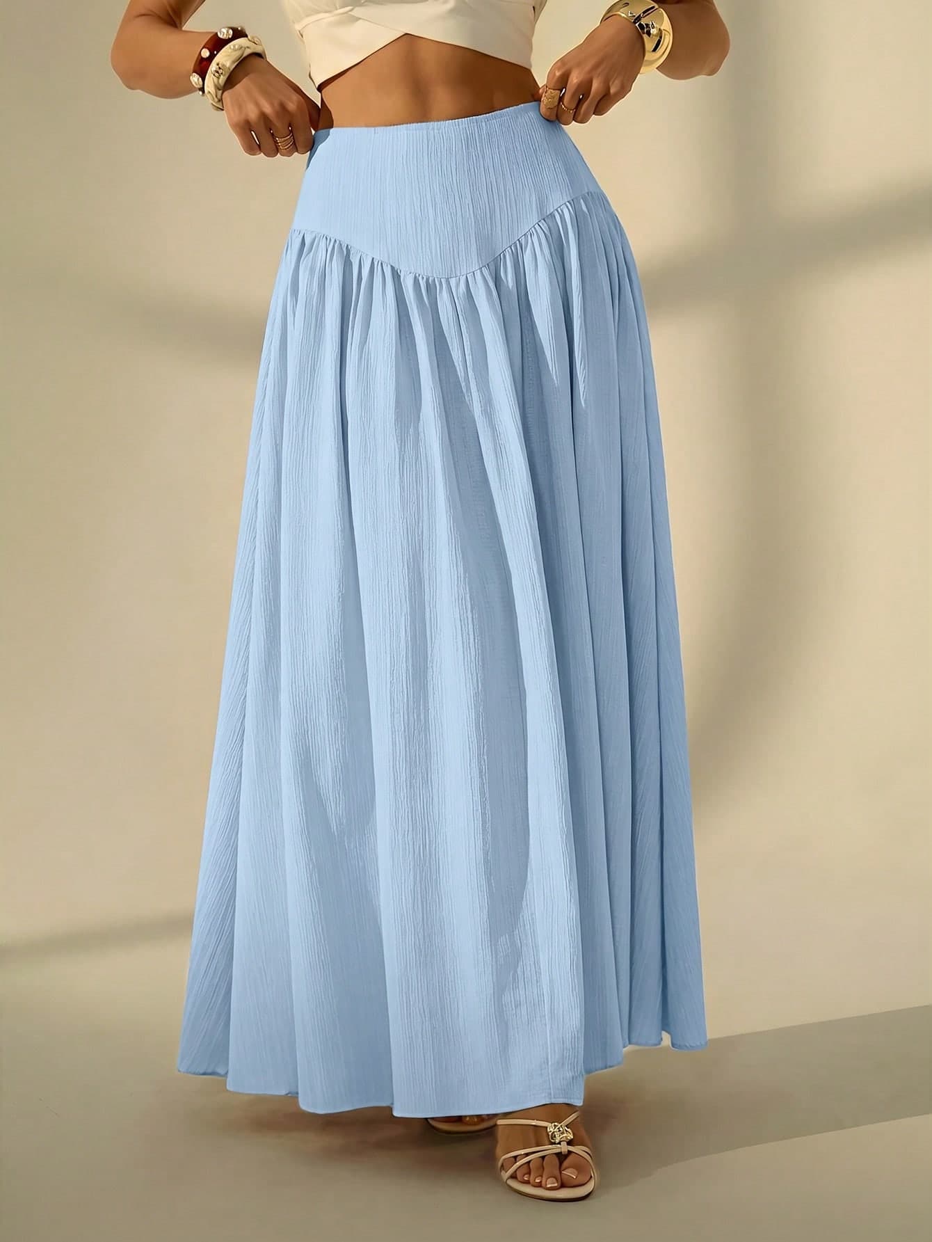 SHEIN Tall Women's Solid Color Pleated Casual Boho Vacation Skirt, Tall Women Vacation Light Blue Autumn Beach Vacation Vacation