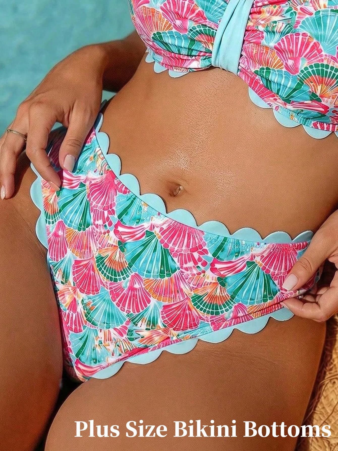 Swim Vcay 2026 New Spring/Summer Plus Size Women's Bikini Bottoms, Single Piece, Shell & Floral Random Print, Semi-Circular Decorative Lace Trim, Suitable For Beach & Vacation Wear