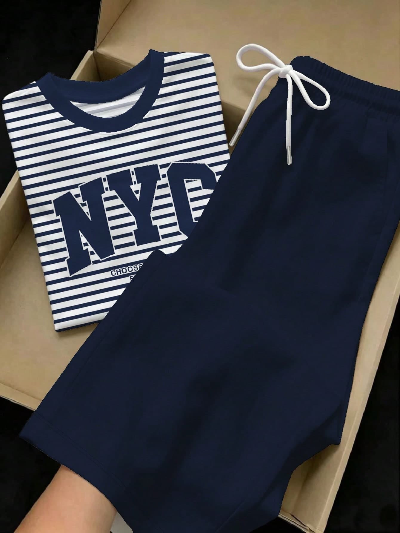 SHEIN EZwear 2pcs Set Embroidered Round Neck Short Sleeve Top And Striped Print Pants, Casual