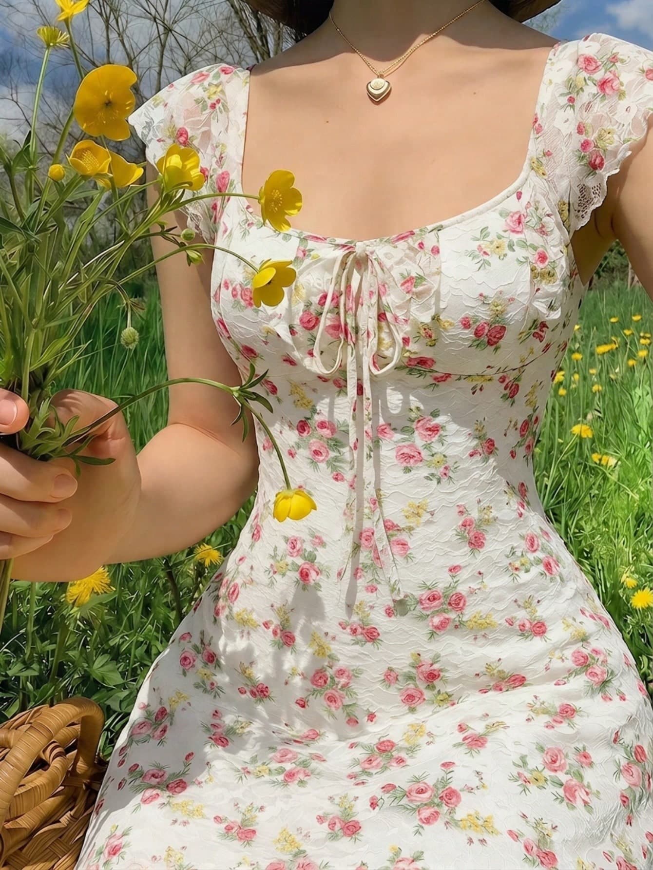 Skyraze Women's Vintage Cottagecore White Floral Summer Casual Dress,Lace Holiday Party Picnic,Knotted Ruched Round Neck Sleeveless Milkmaid Garden Dress