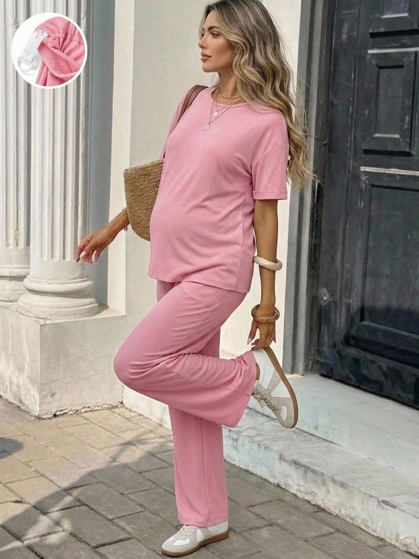 SHEIN 2pcs Maternity Set: Solid Color Short Sleeve Top And Adjustable Waist Casual Business Casual Pants Loungewear Summer