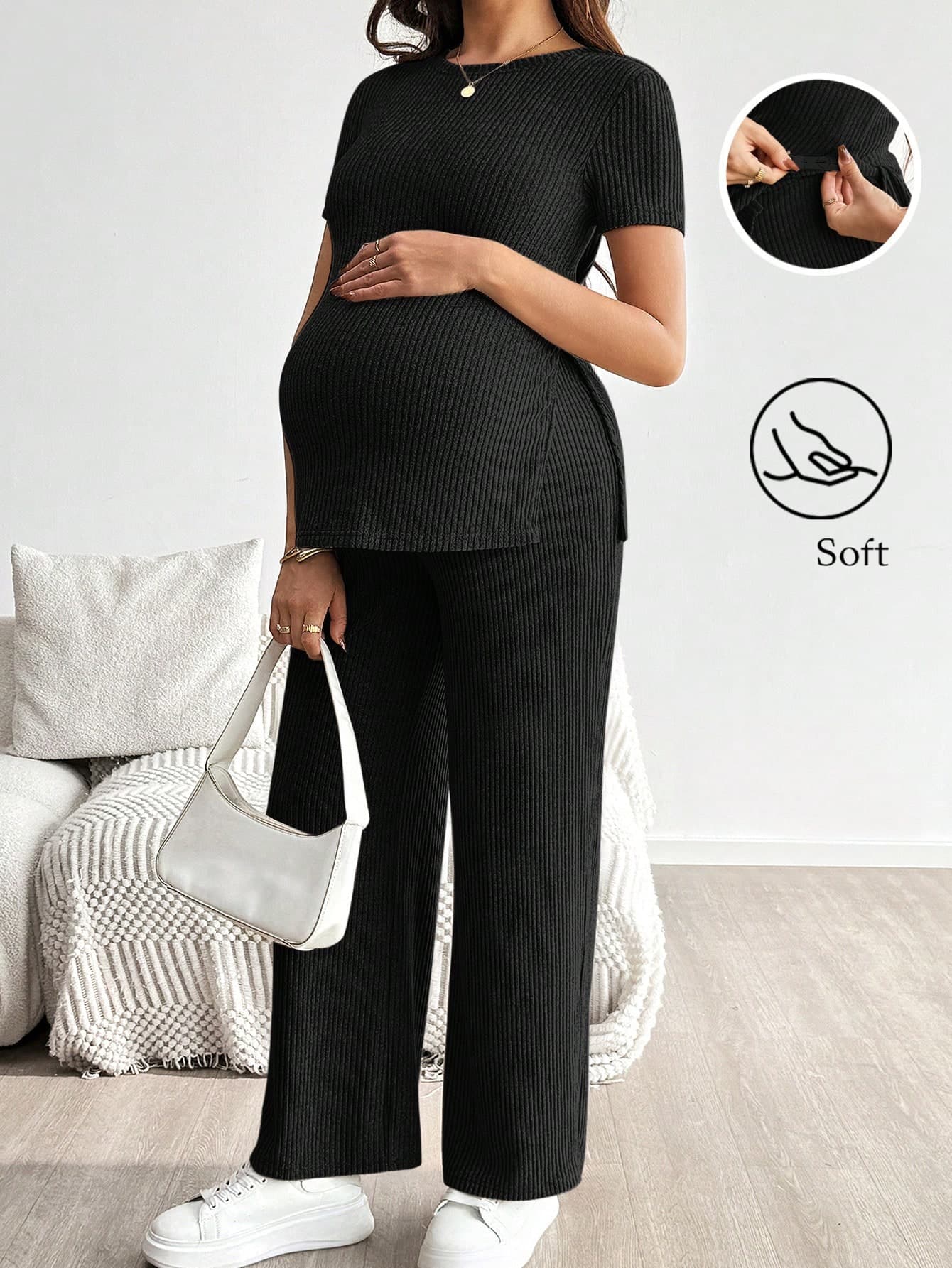 SHEIN Maternity Solid Color Round Neck Side Slit T-Shirt And Adjustable Waist Pants Casual 2 Pieces Set