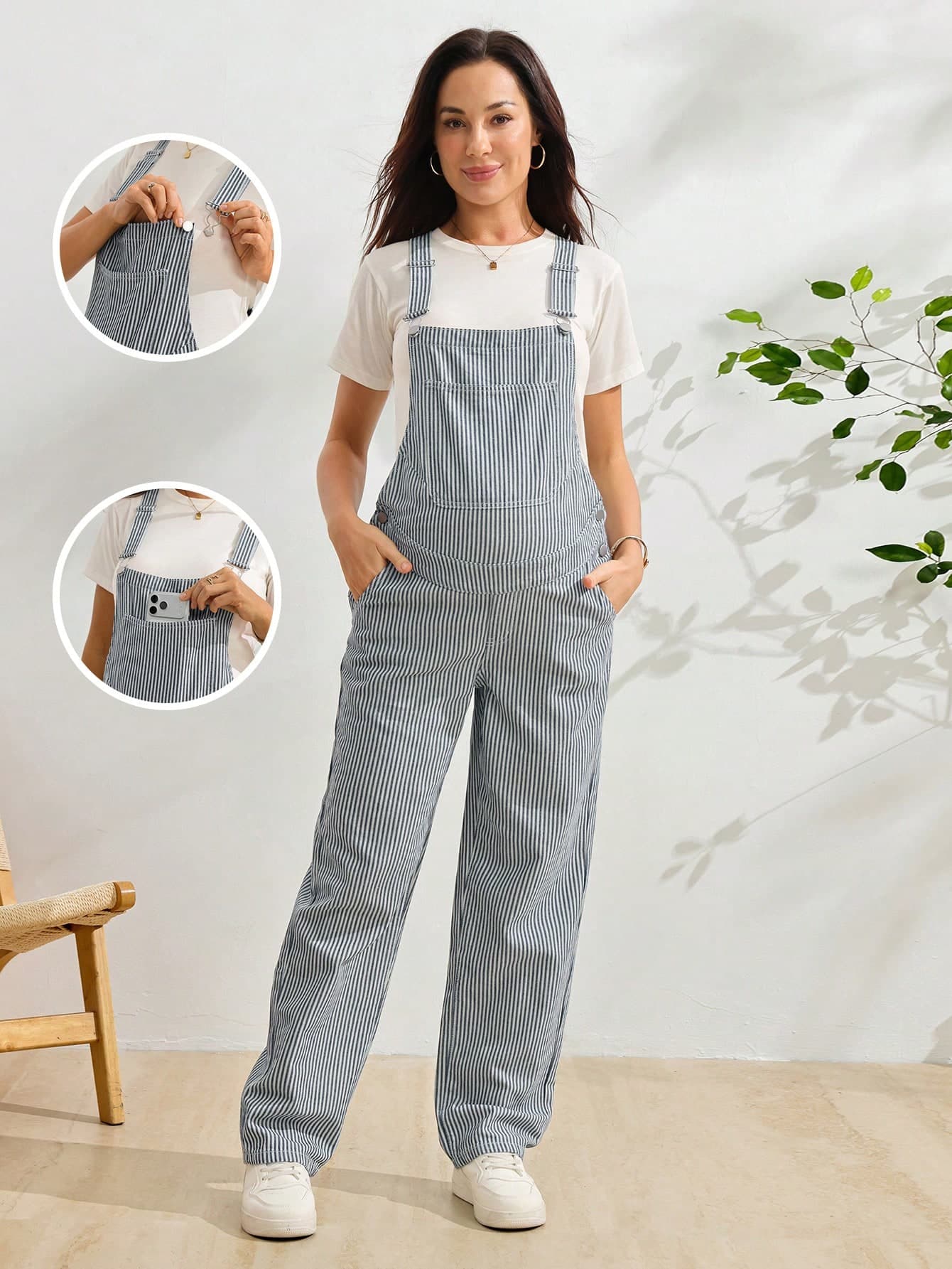 SHEIN Maternity Striped Pocket Casual Versatile Daily Wear Denim Overalls
