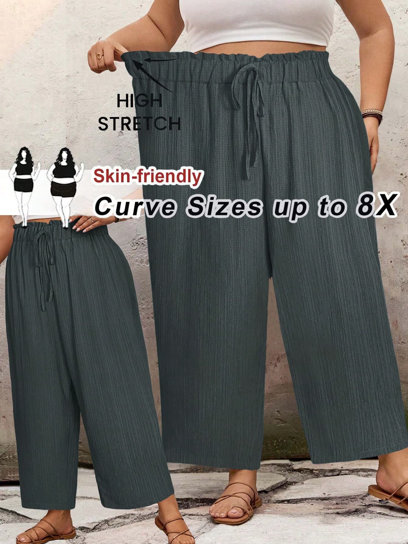 SHEIN CURVE+ Plus Size Casual Solid Color Loose Fit Long Pantssummer/Country/Beach Vacation Outfits/Beach Outfits/Beach Wear