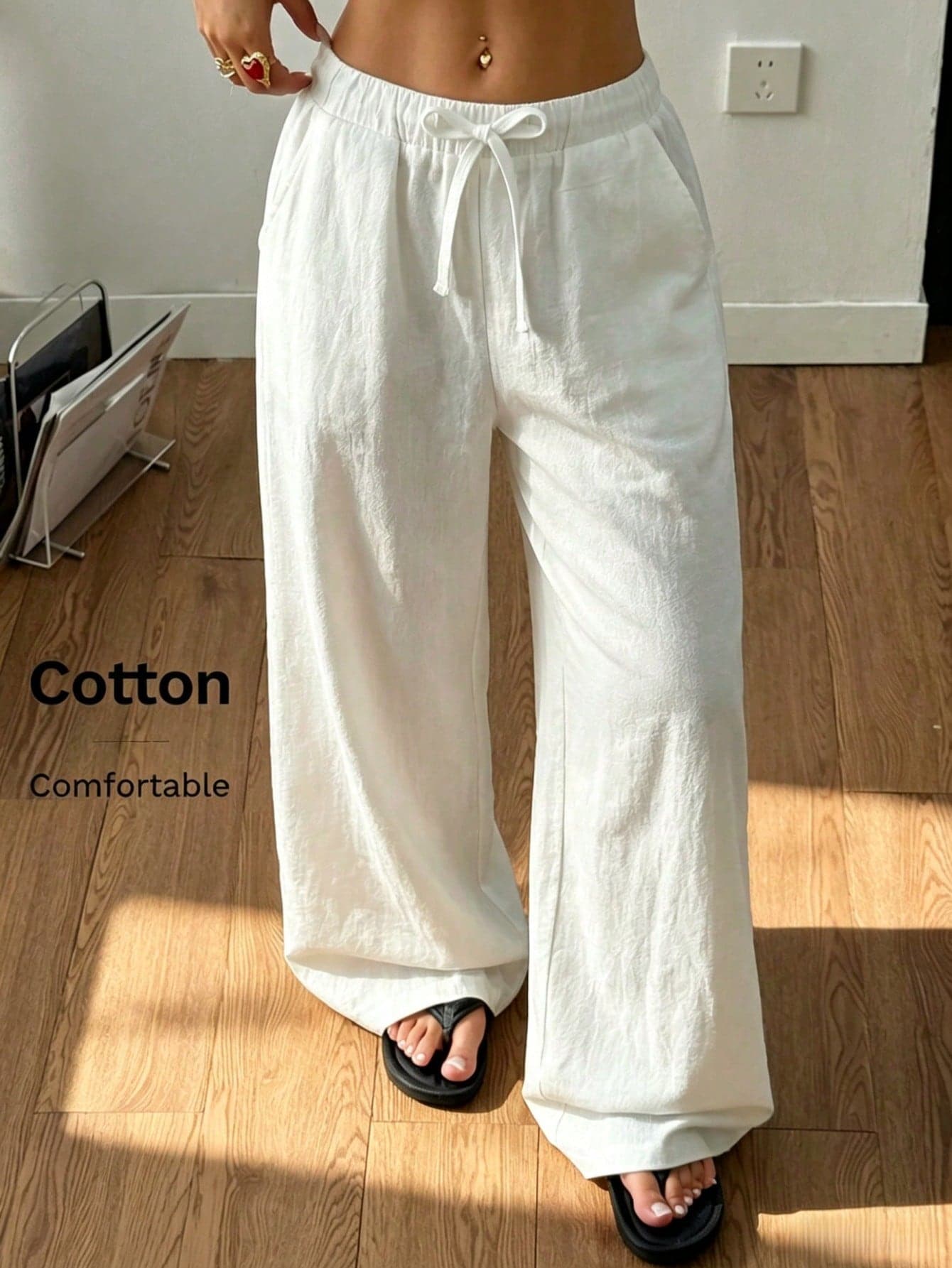 SHEIN Teen Girls Spring/Summer Beach Vacation Casual Daily Home Wear Versatile  Woven Comfortable Solid Color Loose Long Pants With Pockets