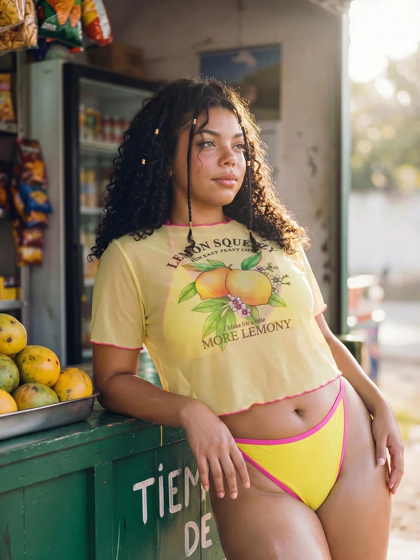 Swim Mod 2026 Summer Beach Vacation New Women's Printed Triangle Bikini Top With Mesh Lining, Casual Sexy Bikini Set, Plus Size Tank Style Bikini Lemon Yellow