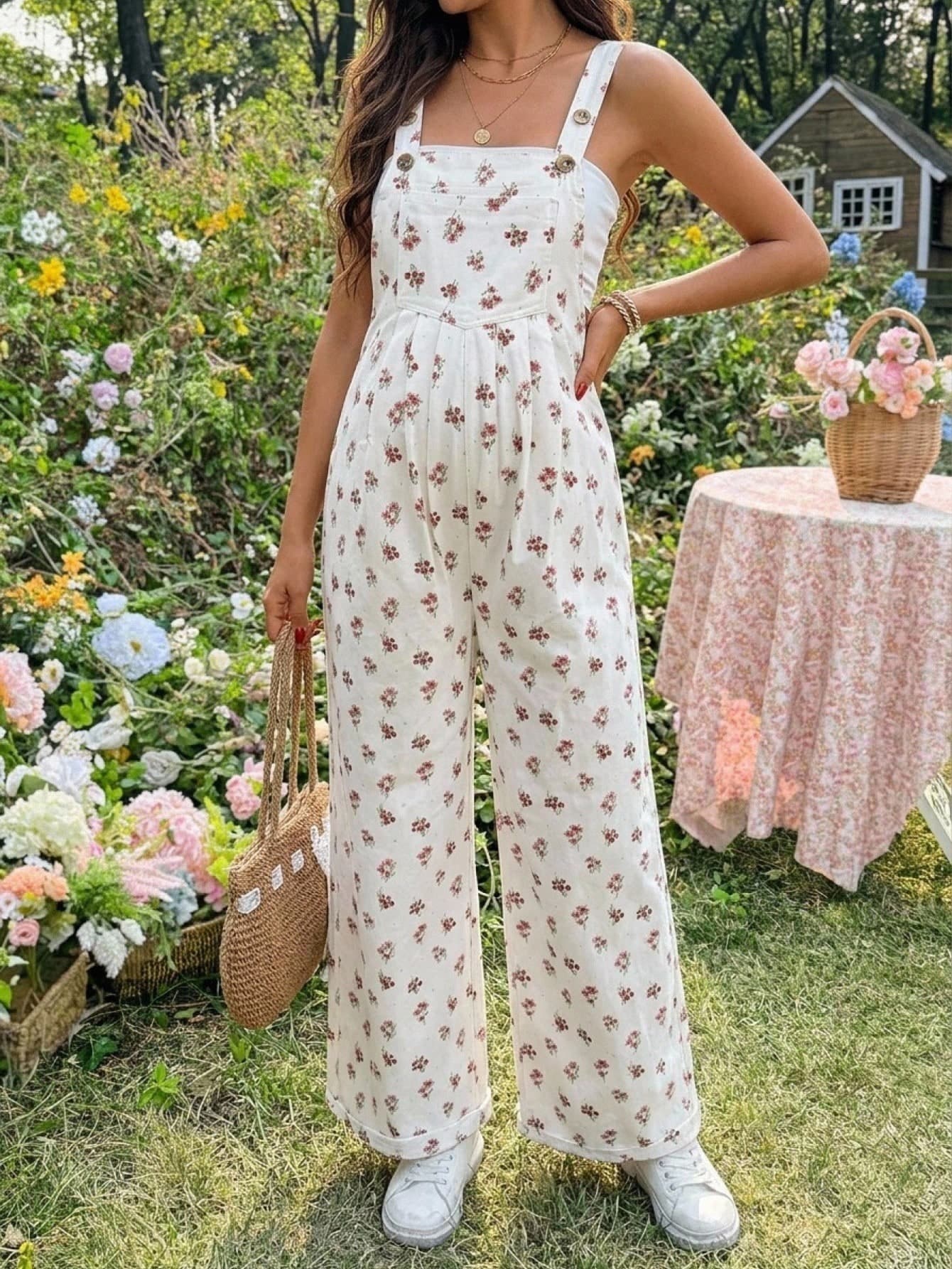 SHEIN Maternity Ditsy Floral Denim Overalls Vacation Casual Business Elegant Festival Party Going Out Graduation