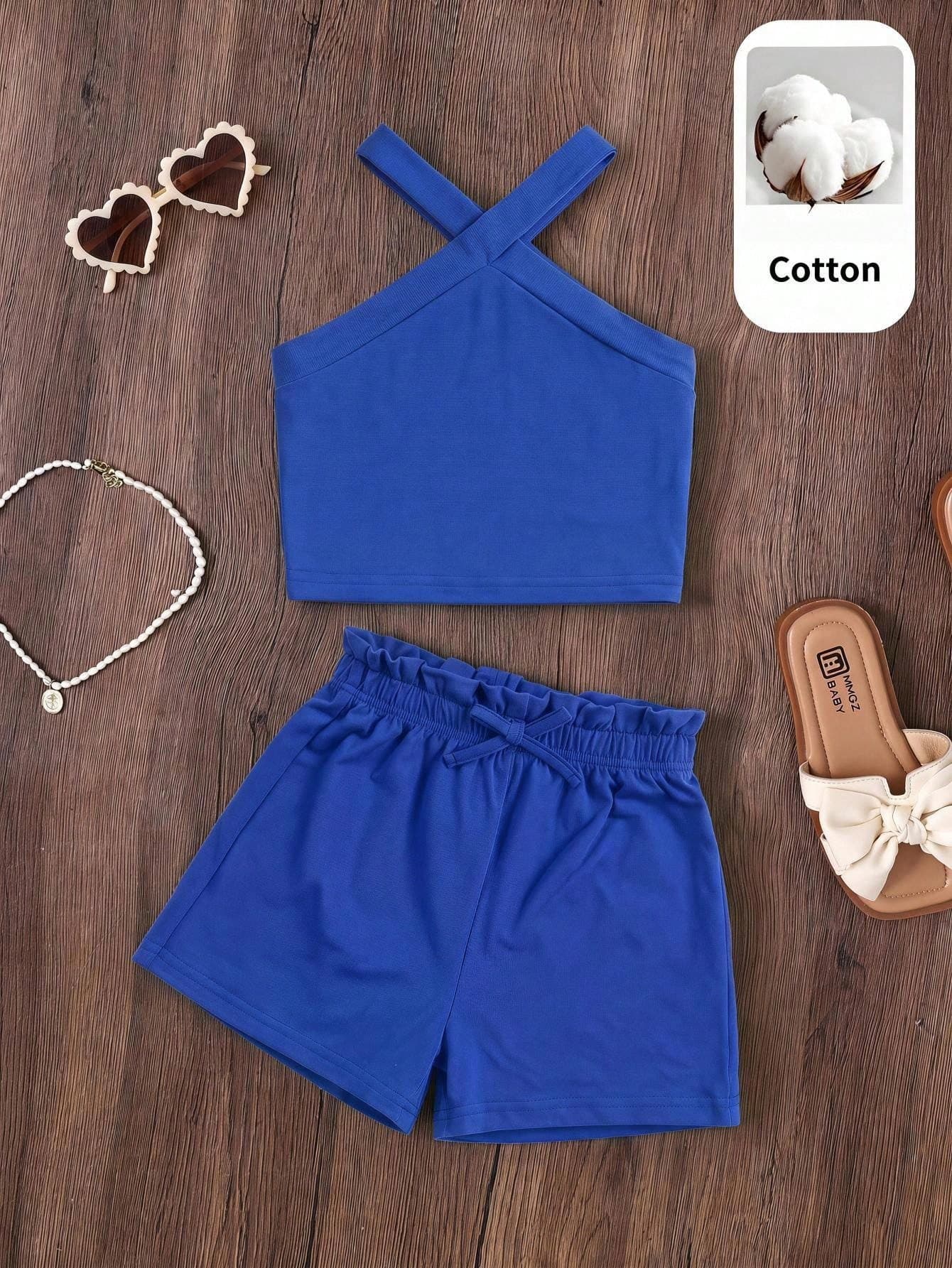 SHEIN Young Girl Knit Solid Color Pullover Sleeveless Casual Tank Top And Shorts Set 2pcs