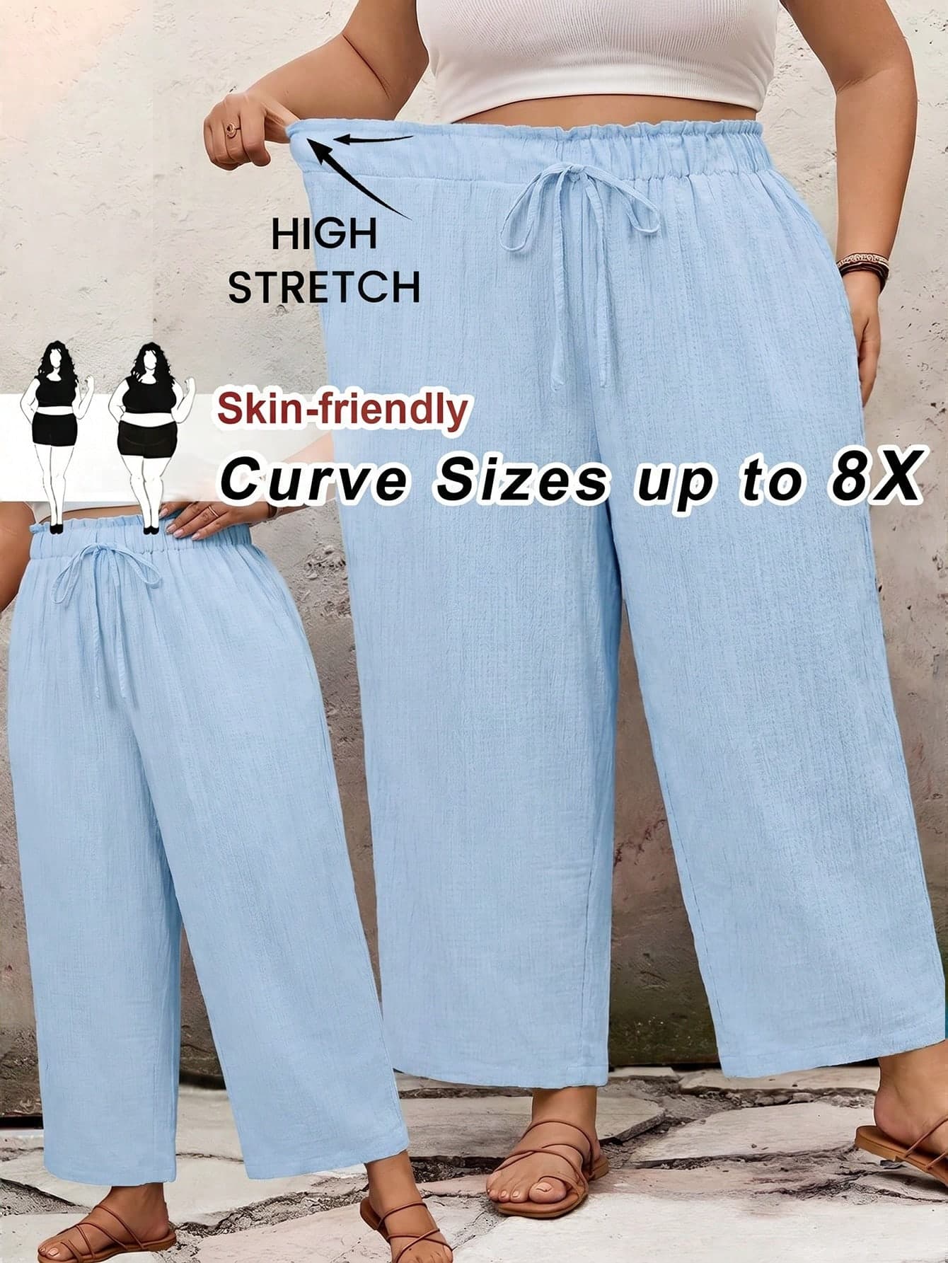 SHEIN CURVE+ Plus Size Casual Solid Color Loose Fit Long Pantssummer/Country/Beach Vacation Outfits/Beach Outfits/Beach Wear