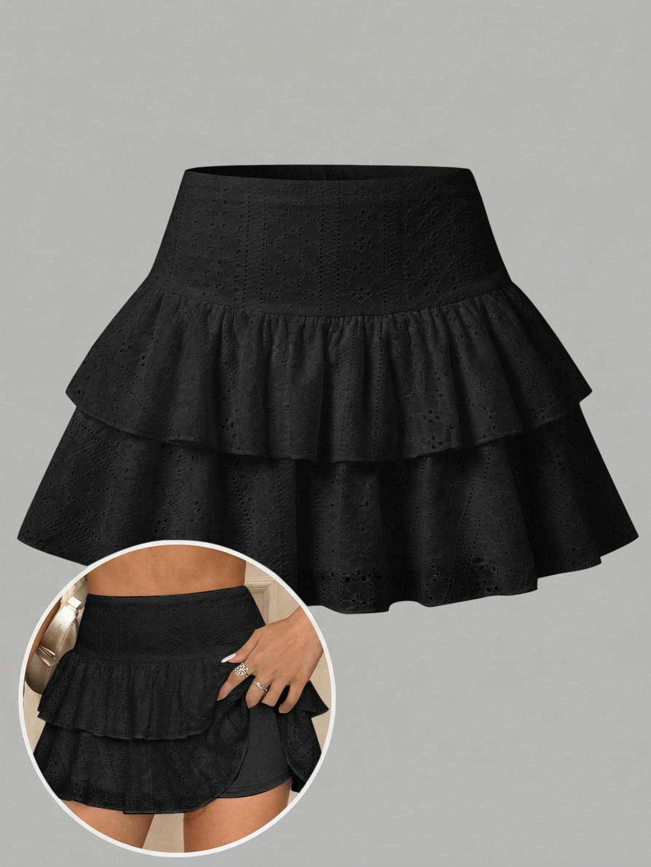SHEIN Girlism Kids Teen Girls Casual Cute Black Knit Hollow Textured Ruched A-Line Inner Leggings Double Ruffle Hem Skater Beach Summer