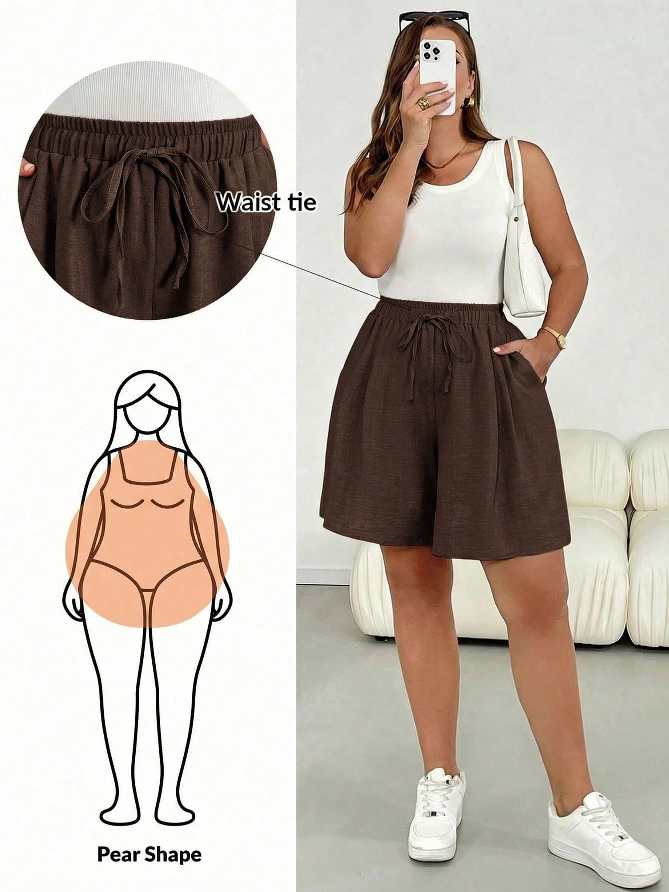 SHEIN Essnce Plus Size Women's Solid Color Waist Tie Pocket Casual Shorts Vacation Brown Summer