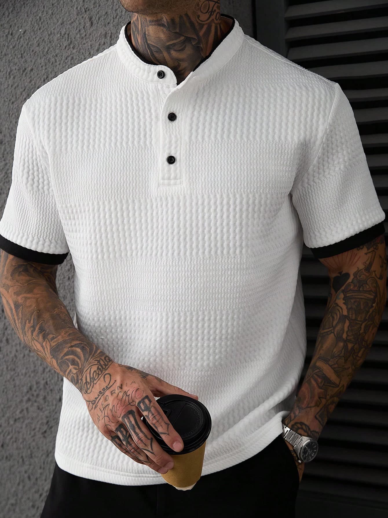 Manfinity Mode Men's Knit Jacquard Polo Shirt,Short Sleeve Stand Collar Button Top,White And Black Polka Dot Summer Business Casual Office Fashion Commuter Style