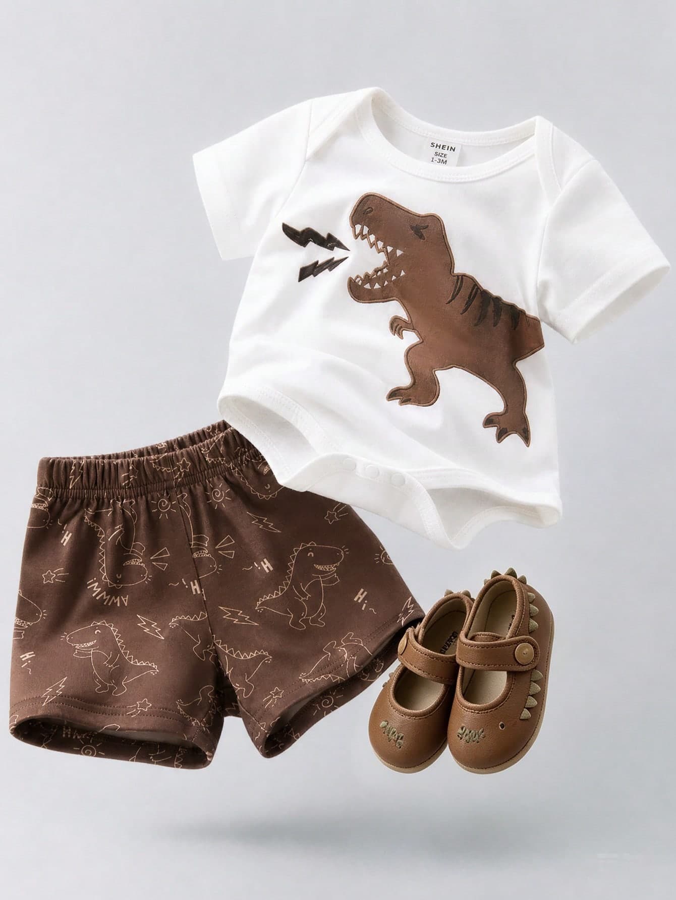 SHEIN 2pcs Newborn Short Sleeve Outfit White Summer Casual Graphic Work Green Triangle Romper Shorts Cute Lion Print Soft Comfortable For Parties Outings