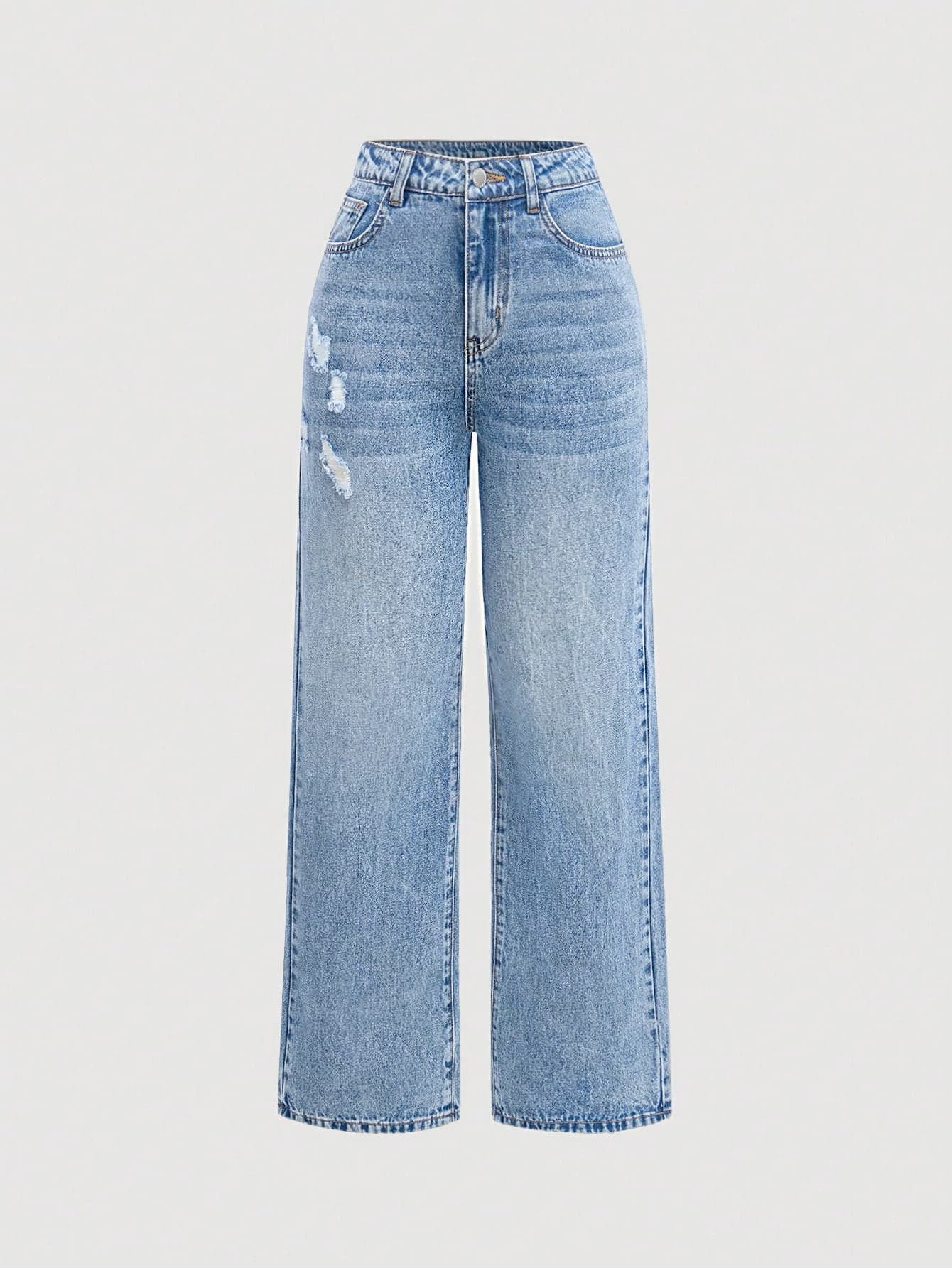 SHEIN Girlism Teen Girl Casual Washed Distressed Straight Leg Jeans