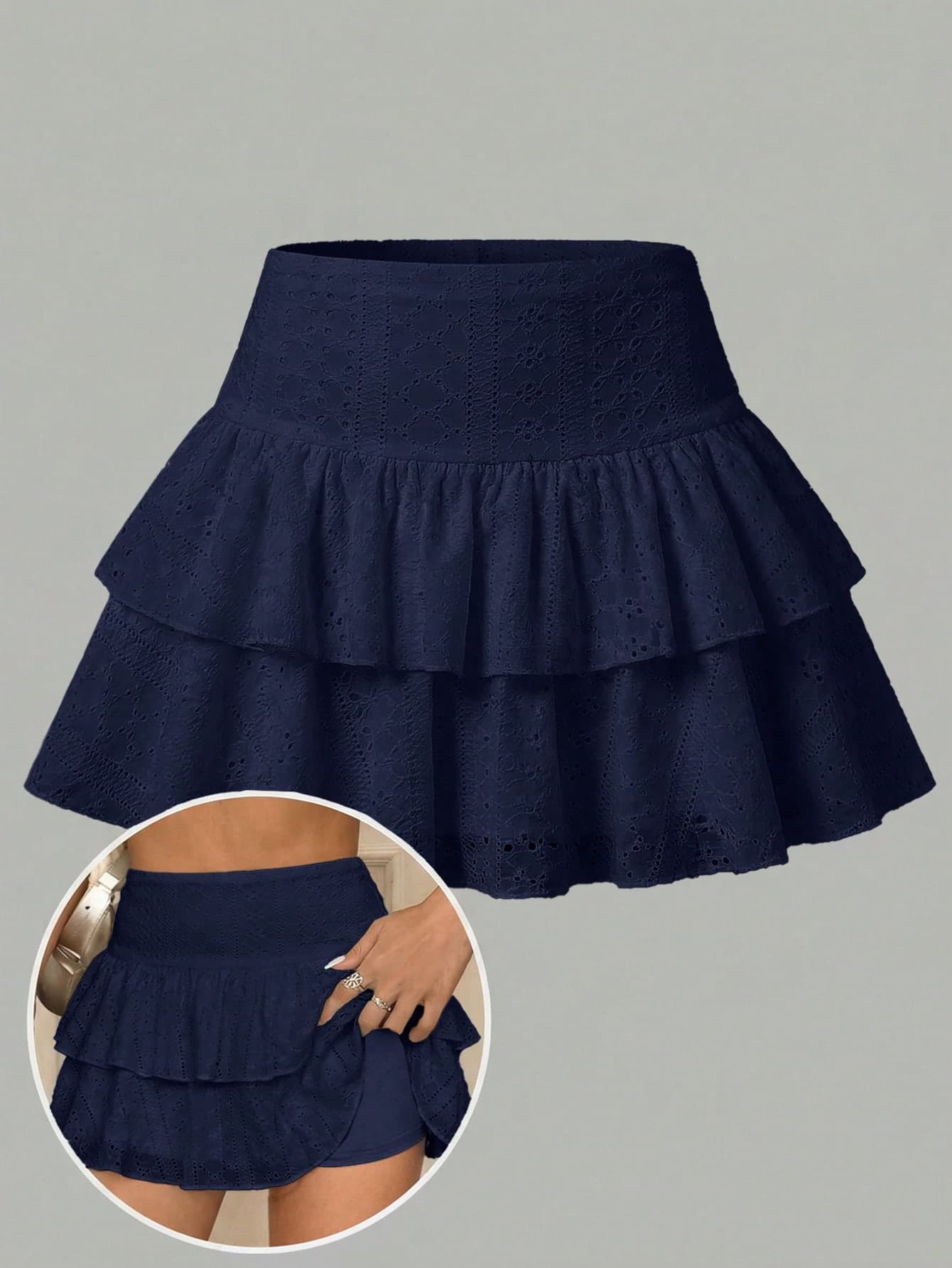 SHEIN Girlism Kids Teen Girls Casual Cargo Cute Y2k Navy Blue Knit Hollow Textured Ruched A-Line Inner Leggings Double Ruffle Hem Skater Autumn Outing