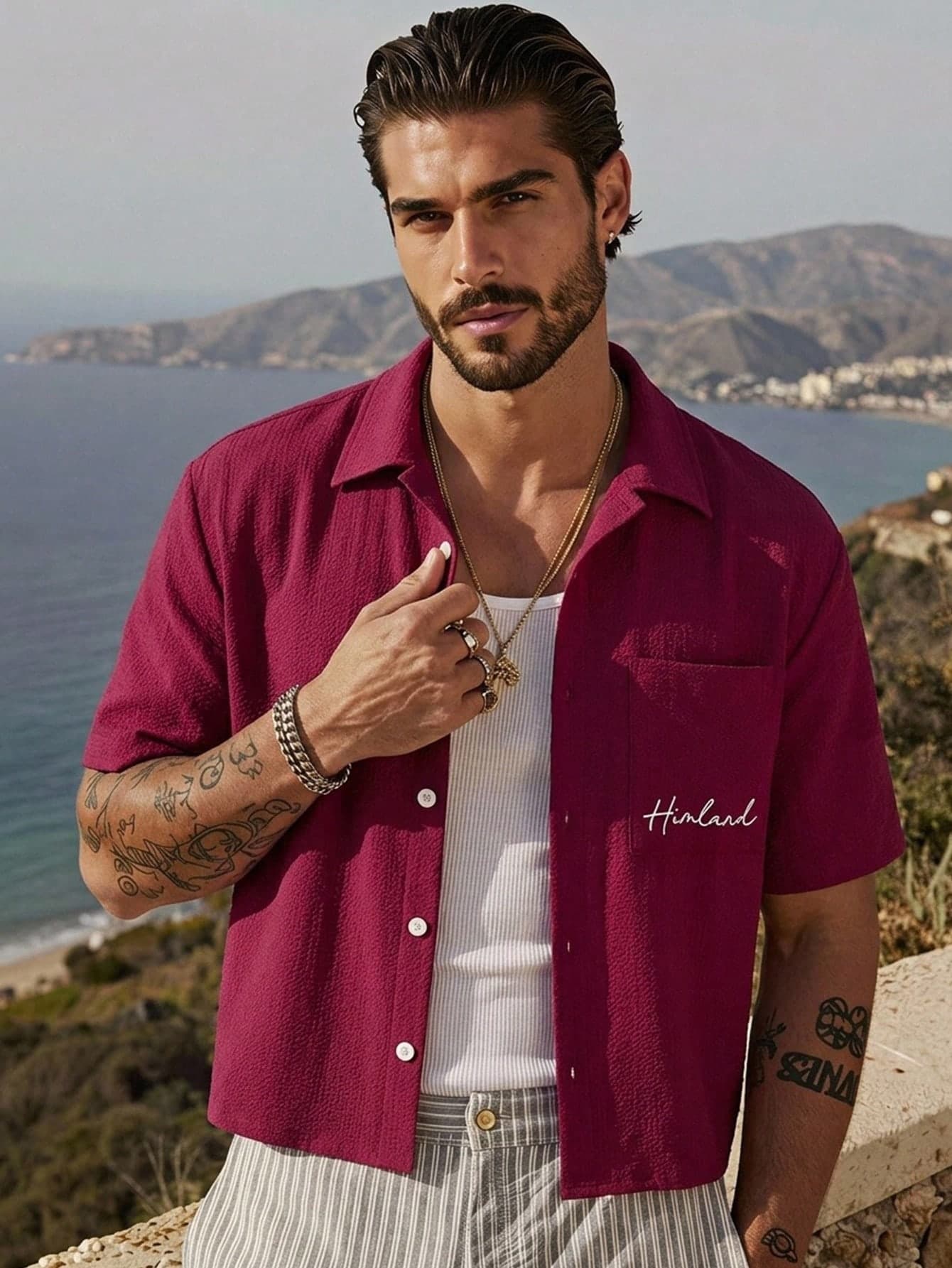 HIMLAND Men's Lapel Single-Breasted Side Chest Pocket Design Dropped Shoulder Casual Versatile Shirt,Men's Textured Camp Collar Embroidered Shirt