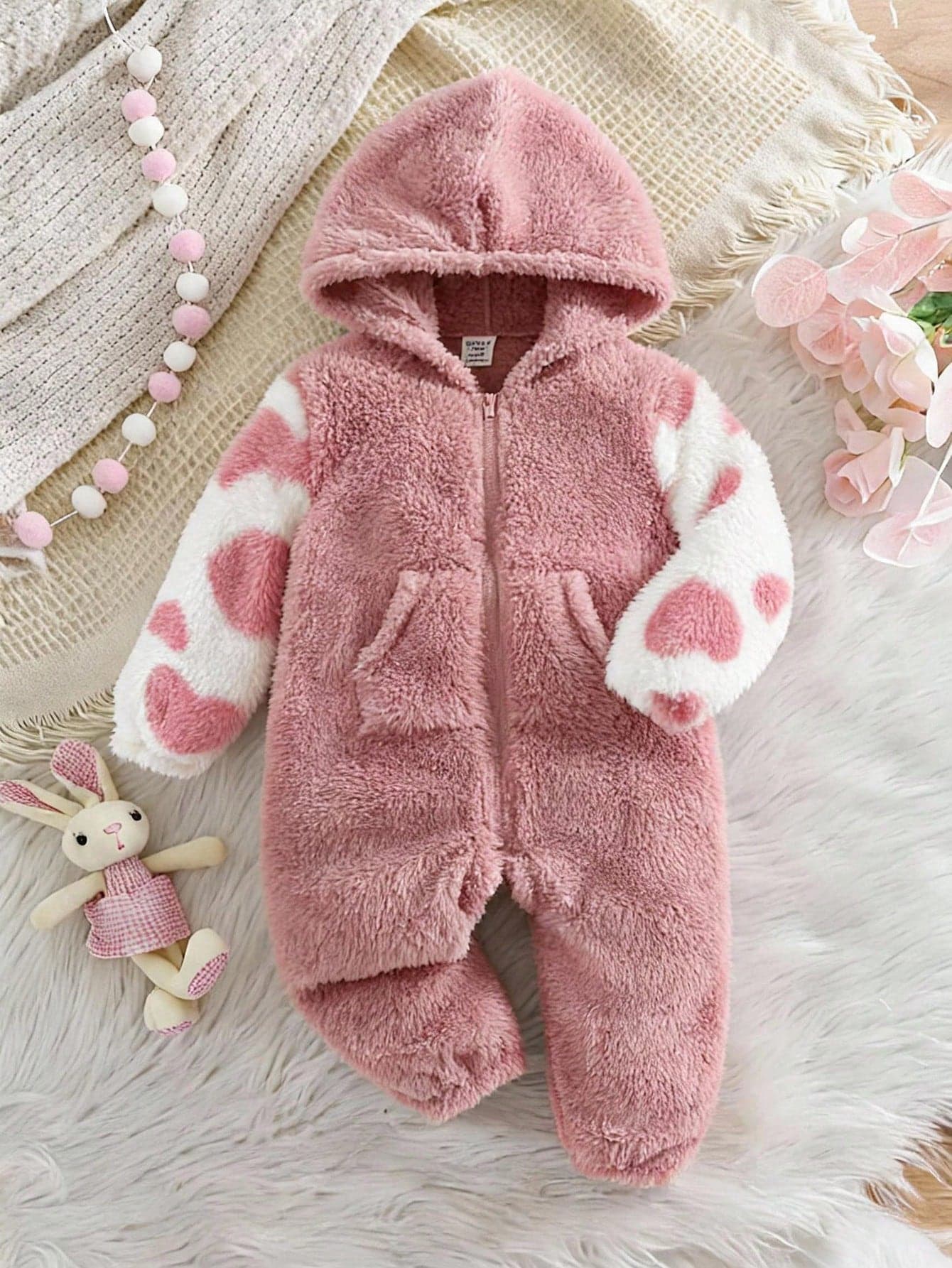 Newborn Baby Girl Cute Autumn/Winter Colorblock Fuzzy Hooded Romper