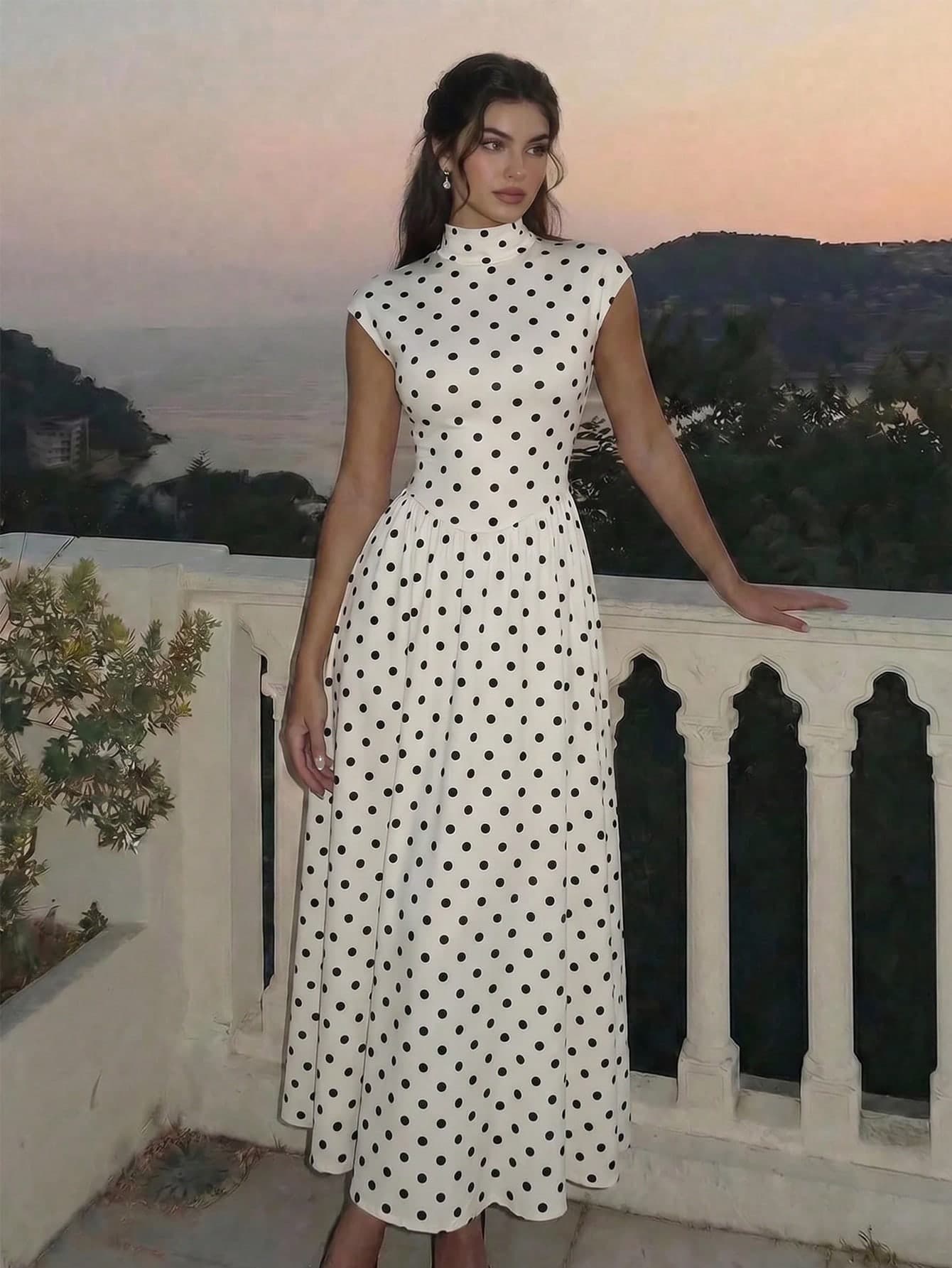 SHEIN MOD Women's Polka Dot High Neck Long Knit Dress,Stand-Up Collar Design,.Vintage 70s Bohemian Garden Date,Beachwear,Prom,Summer