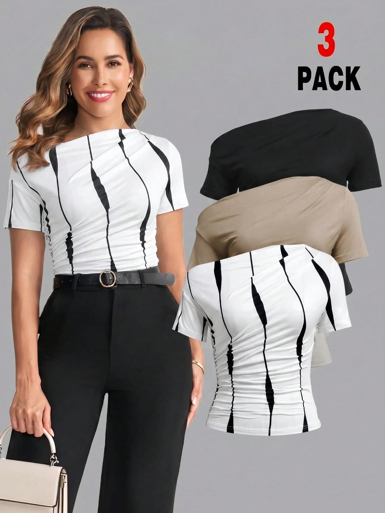 Gownix Women's Black Khaki Asymmetric Shoulder Short Sleeve Ruched Fitted T-Shirt Teachers' Day Office Summer Elegant Smart Casual
