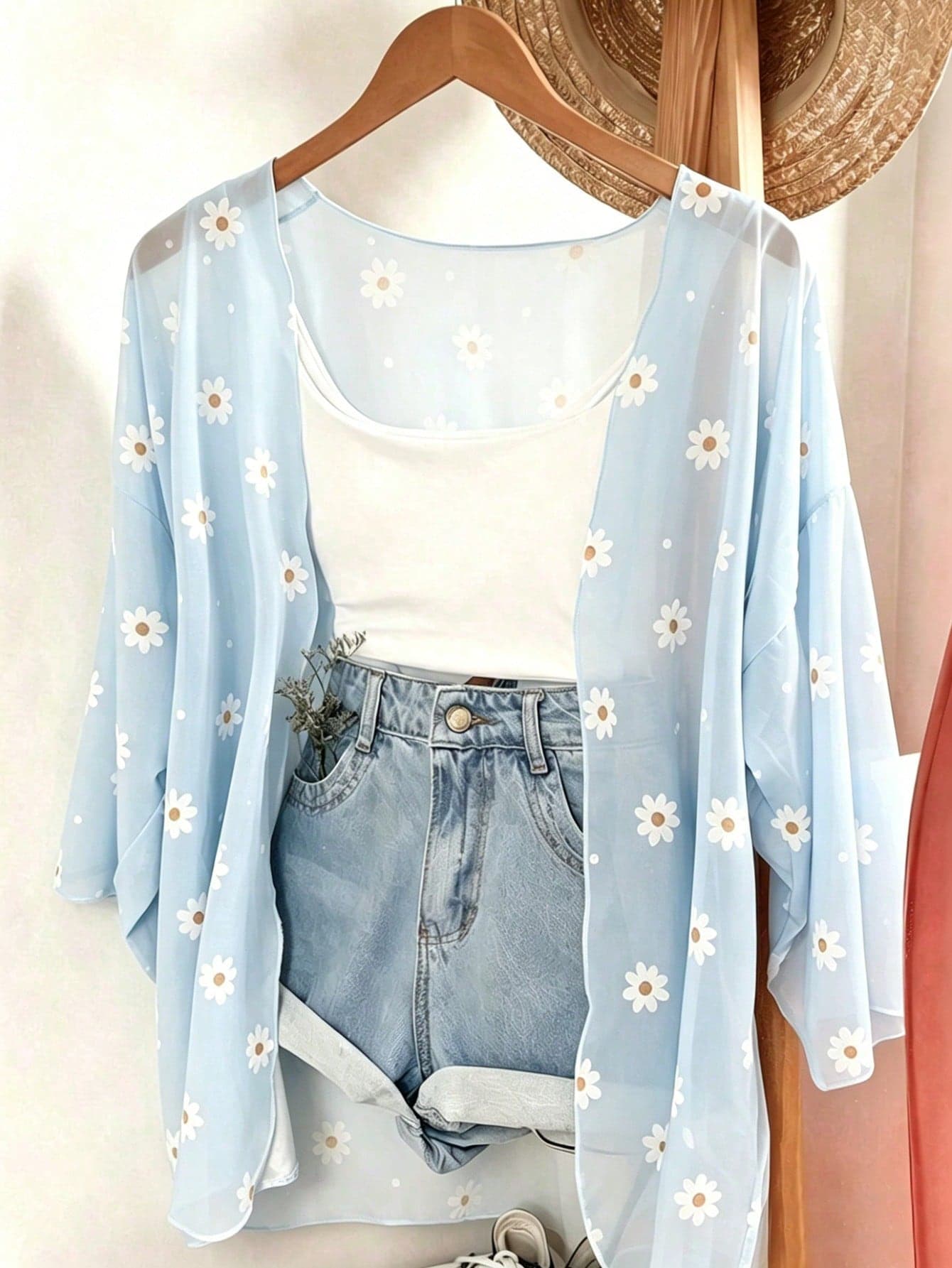 GlowEve Ditsy Floral Chiffon Shawl, Summer Lightweight Sheer Cardigan