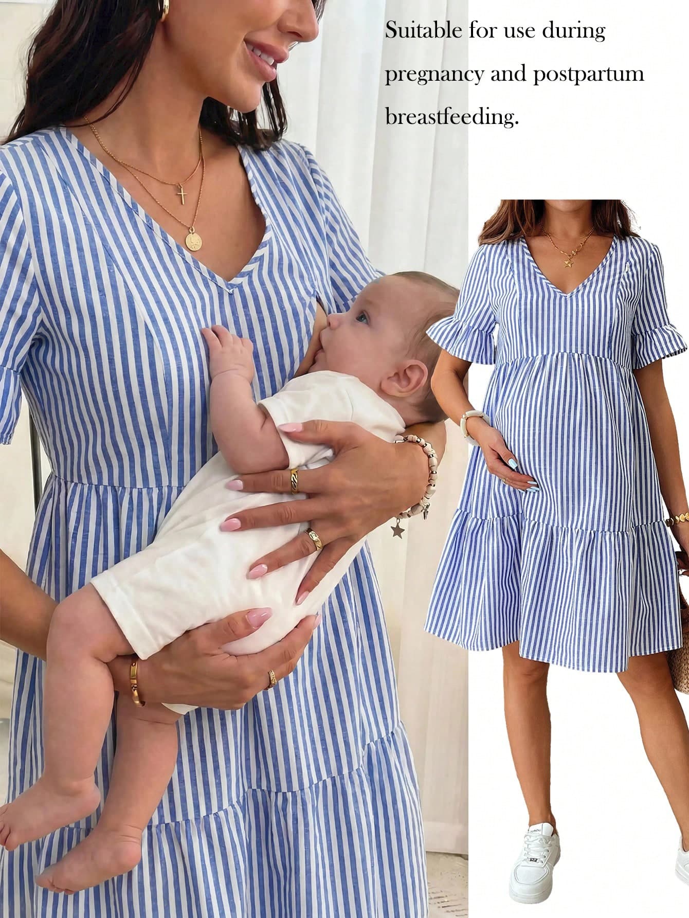 SHEIN Maternity Nursing Dress, Blue Striped Dress Women Short Dresses Summer Summer Dresses For Women Casual Maternity Dress Summer Blue White Vacation