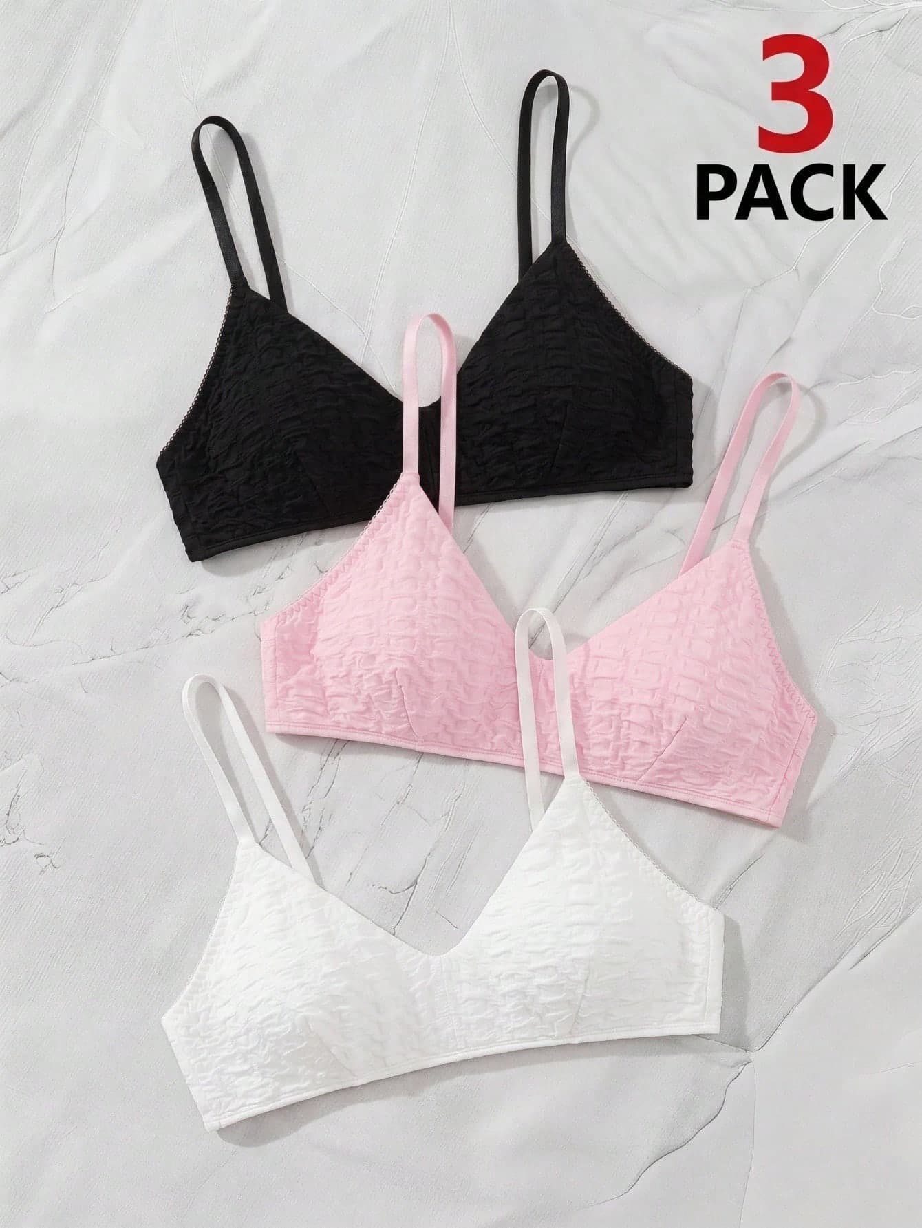 SHEIN Girlism Teen Girl Teen Girls Undershirt 3pcs/Set New Solid Color Knitted Texture French Minimalist Padded Double Row Back Hook Gathered Back Bra 3 Pieces Set