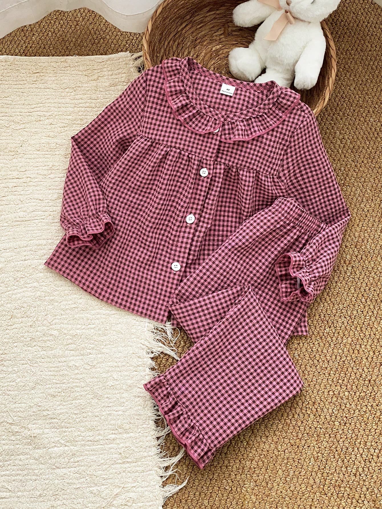 SHEIN 2pcs Summer & Autumn Girls Toddler Home Wear Fashion Sweet Cool Style Black & Pink Plaid Cute Frill Trim Long Sleeve Top & Long Pants Set