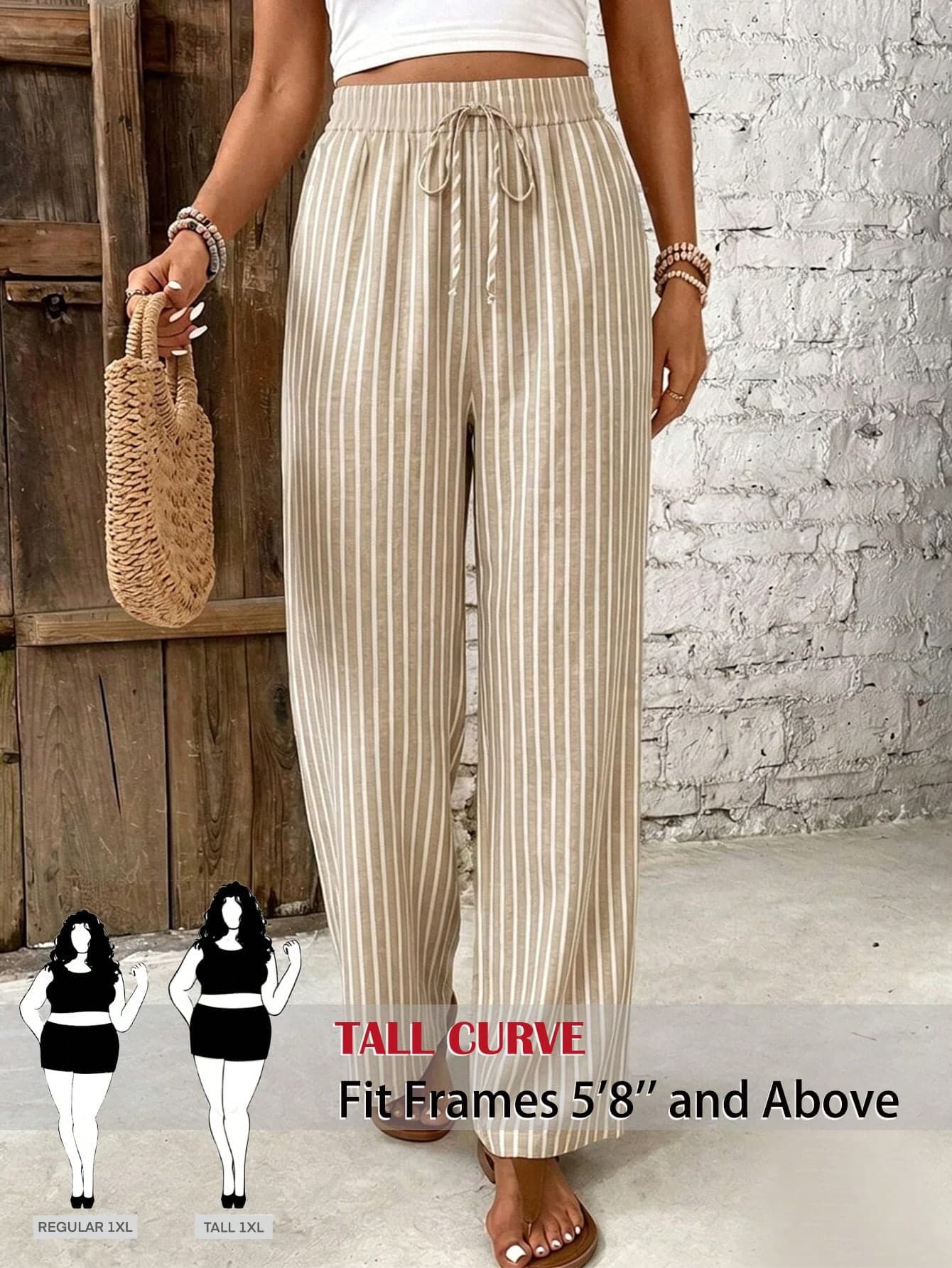 SHEIN Tall CURVE Plus Size Women's Waist Tie Beige Straight Leg Loose Casual Boho Long Pants Vacation Autumn Fall Vacation Vacation Vacation