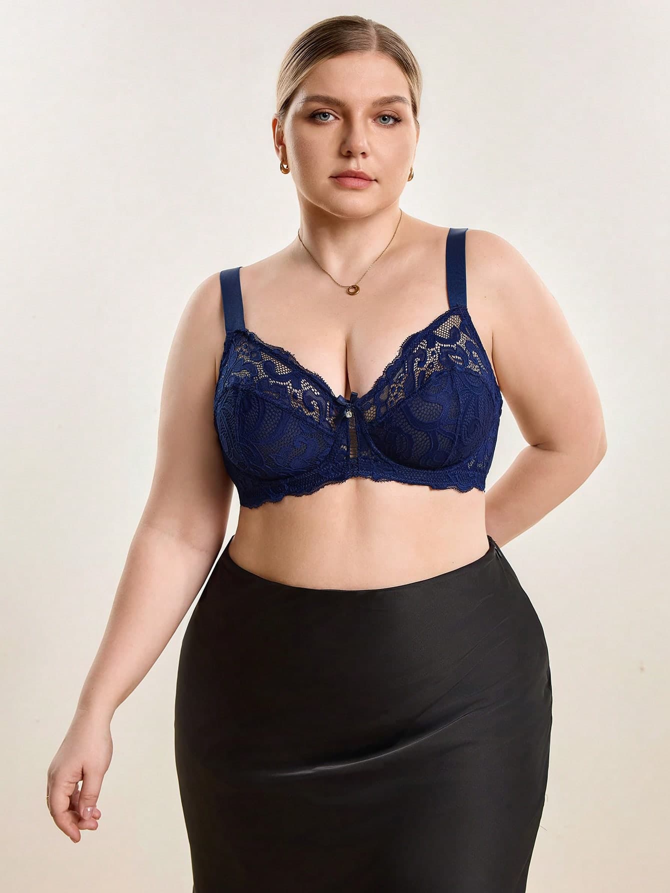 Hourtrue 1pc Plus Size Women Lace Patchwork Wireless Bra, Comfortable & Minimalist Design, Knitted Fabric