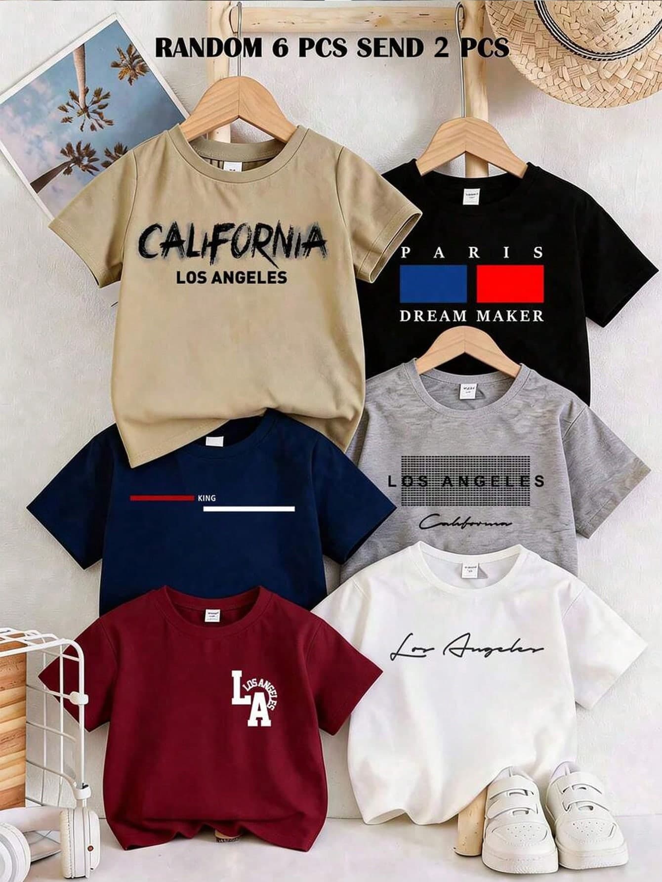 Vacaura RANDOM 6 PCS SEND 2 PCS Boys' Round Neck T-Shirt, Black White Grey Khaki Navy Red, Letter Print, Casual Sports Running Streetwear College Style, Suitable For Spring Summer Autumn, Basic Simple Daily Wear, Striped Vintage Classic, Comfortable For School And Home