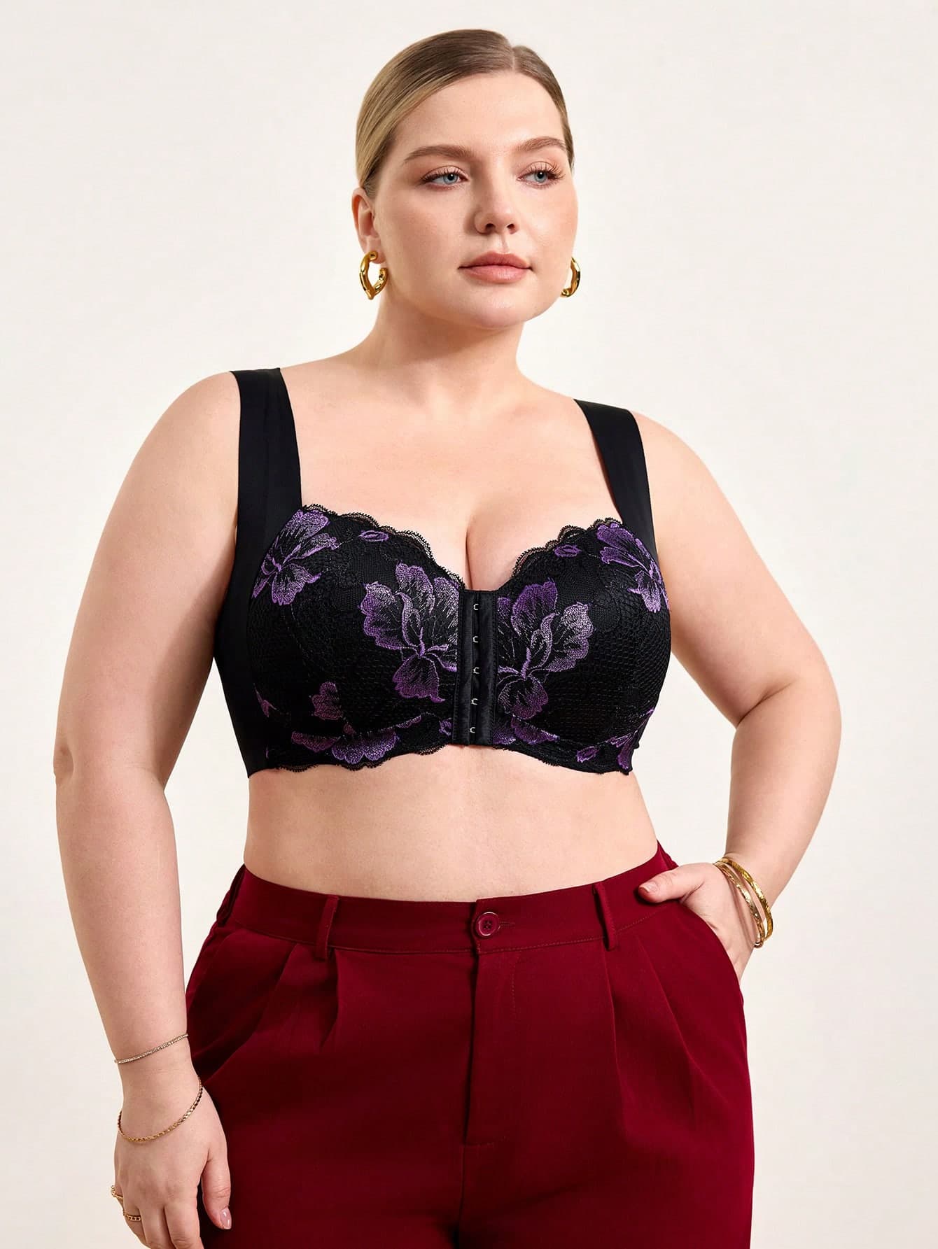 Hourtrue 2pcs/Set Front Closure Embroidered Plus Size Bras - Random Floral Print Everyday Bras