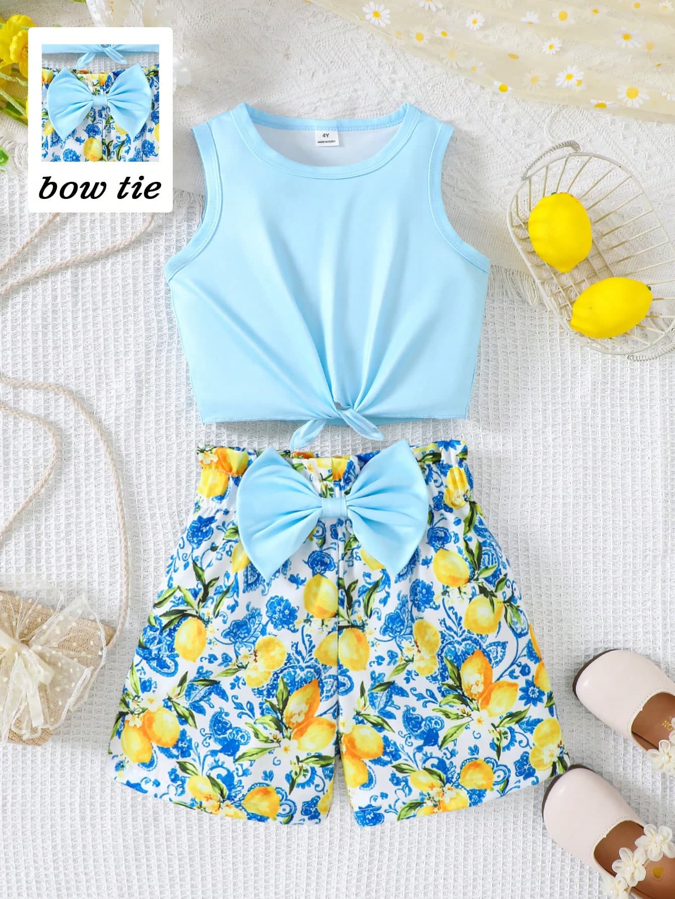 SHEIN Girls' Summer 2-Piece Set, Yellow Solid Color Sleeveless Knit Tank Top, Paired With Tropical Fruit Lemon Print Woven Shorts, Matching Color Waist Bow