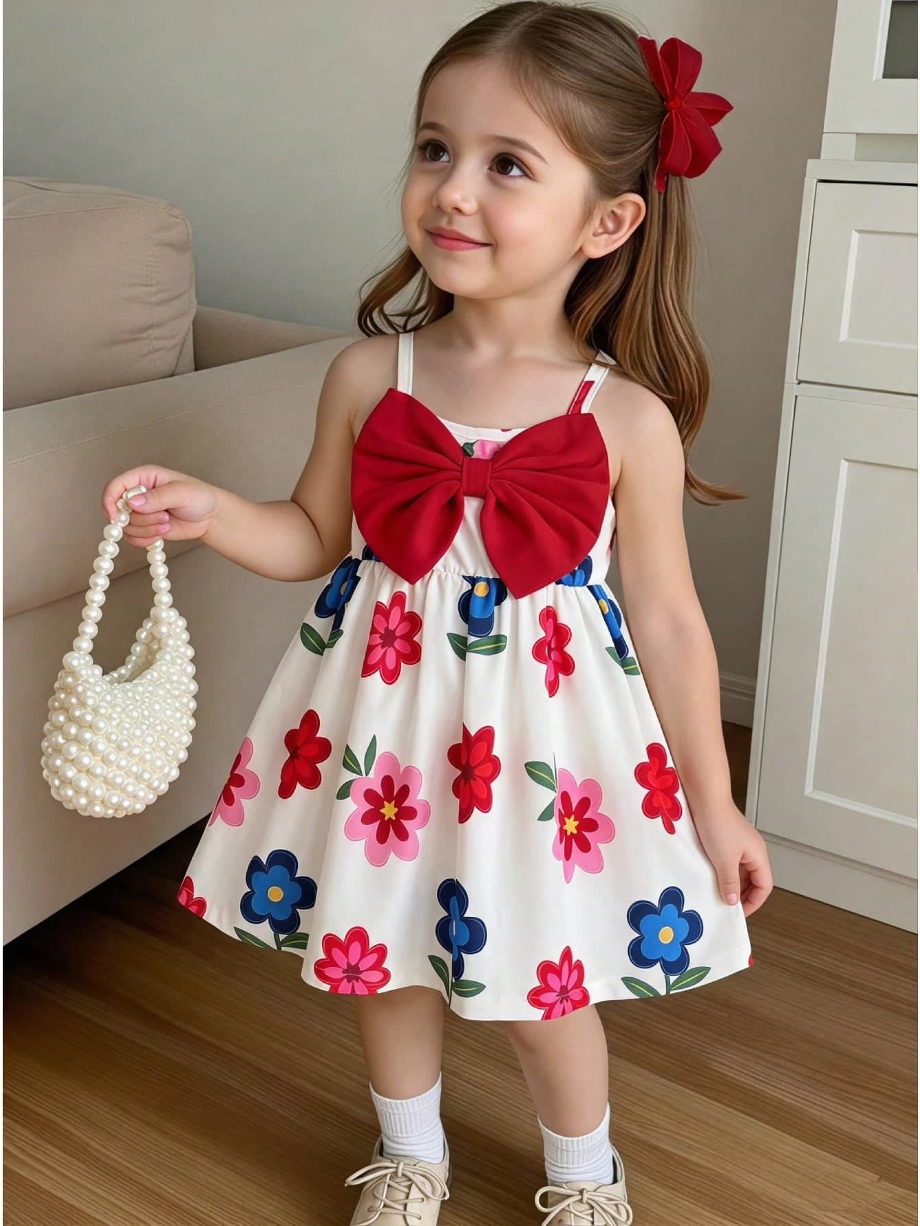 SHEIN Baby Girl Bow Decor Floral Print Casual Spaghetti Strap Dress, Suitable For Birthday Party, Daily Wear, Outing, Vacation, Travel