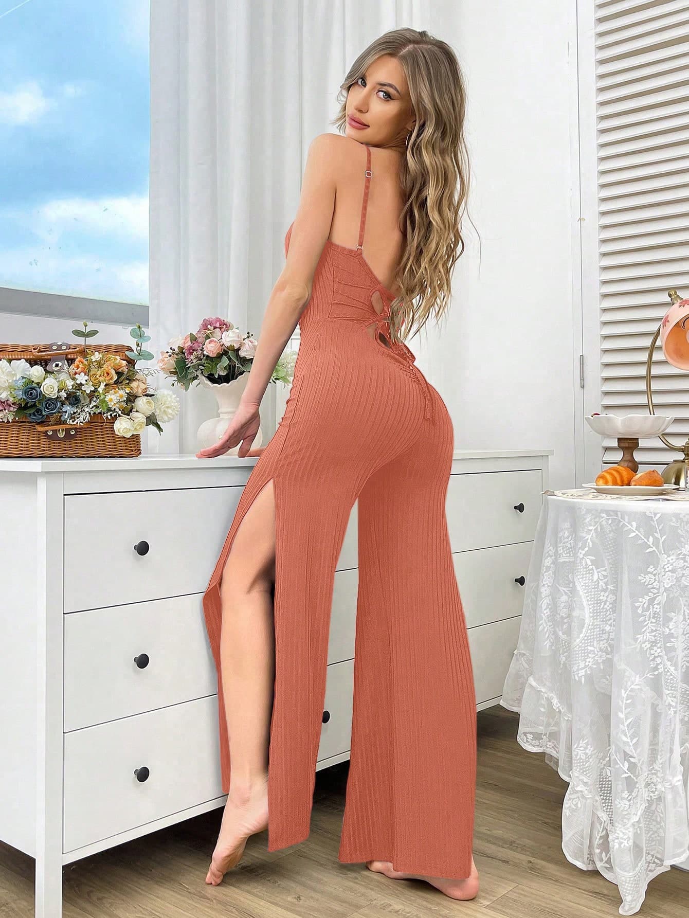 DUSKBASE Women's Solid Color Split Design Casual Daily Wear Home Camisole Jumpsuit