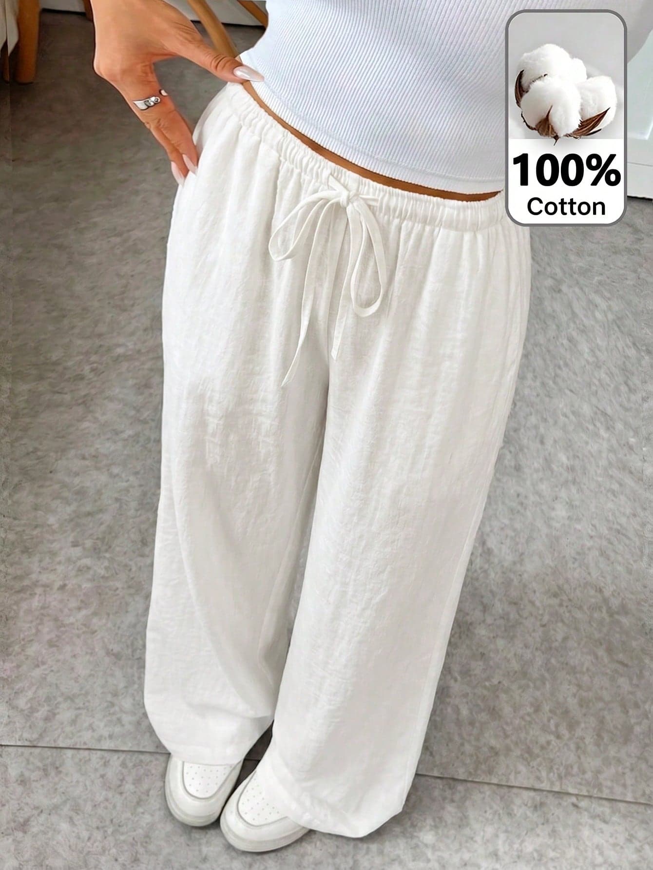 SHEIN Tween Girl Tween Girls Daily Wear Outfits Casual Basic Elastic Waistband White Pants, Wide Leg Pants, Back To School