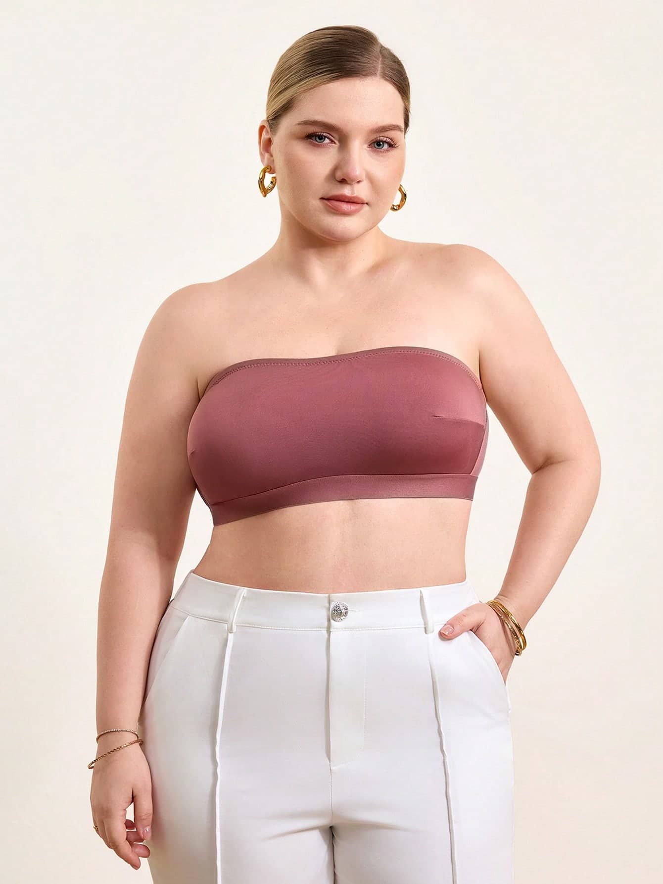 Hourtrue Plus Size Wireless Bandeau Bra With Removable Pads, Comfortable Lingerie