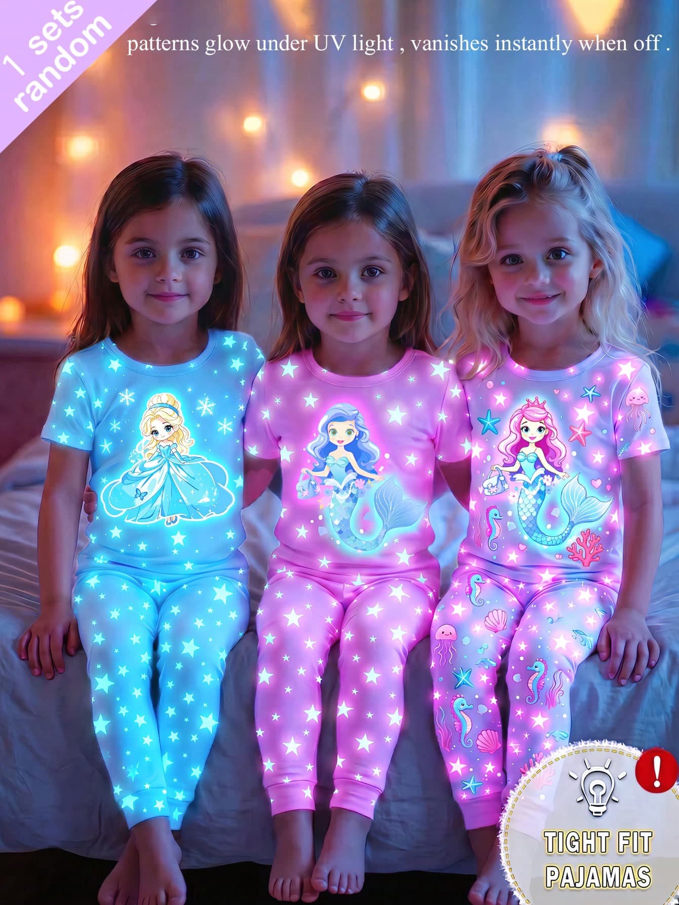 [3-Piece Set] Young Girl' Sweet Princess Cartoon Print Sleepwear Set, Soft & Stretchy Knit Fabric, Short Sleeve Top & Long Pants, Comfortable Pajamas, Glows Under UV Light
