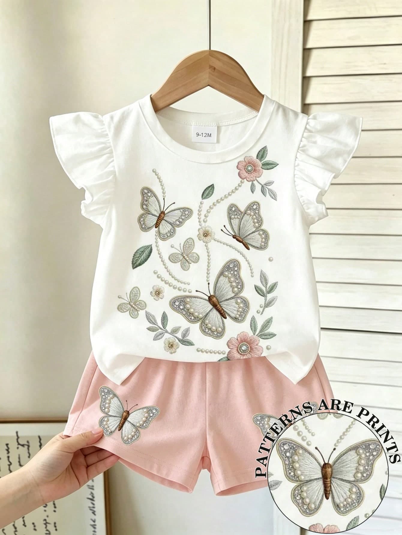 SHEIN 2pcs Girls French Country Style Outfit, Flutter Sleeve Round Neck Top With Casual Shorts, Cute Butterfly & Floral Print, Perfect For Spring Outings, Suitable For Spring, Summer, Early Autumn