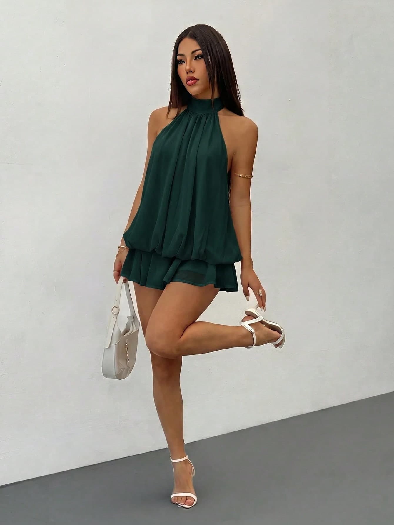 SHEIN PETITE Women's Elegant Pale Yellow Halter Neck Tie Mini Dress, Suitable For Party, Dating, Autumn/Winter, Spring/Summer
